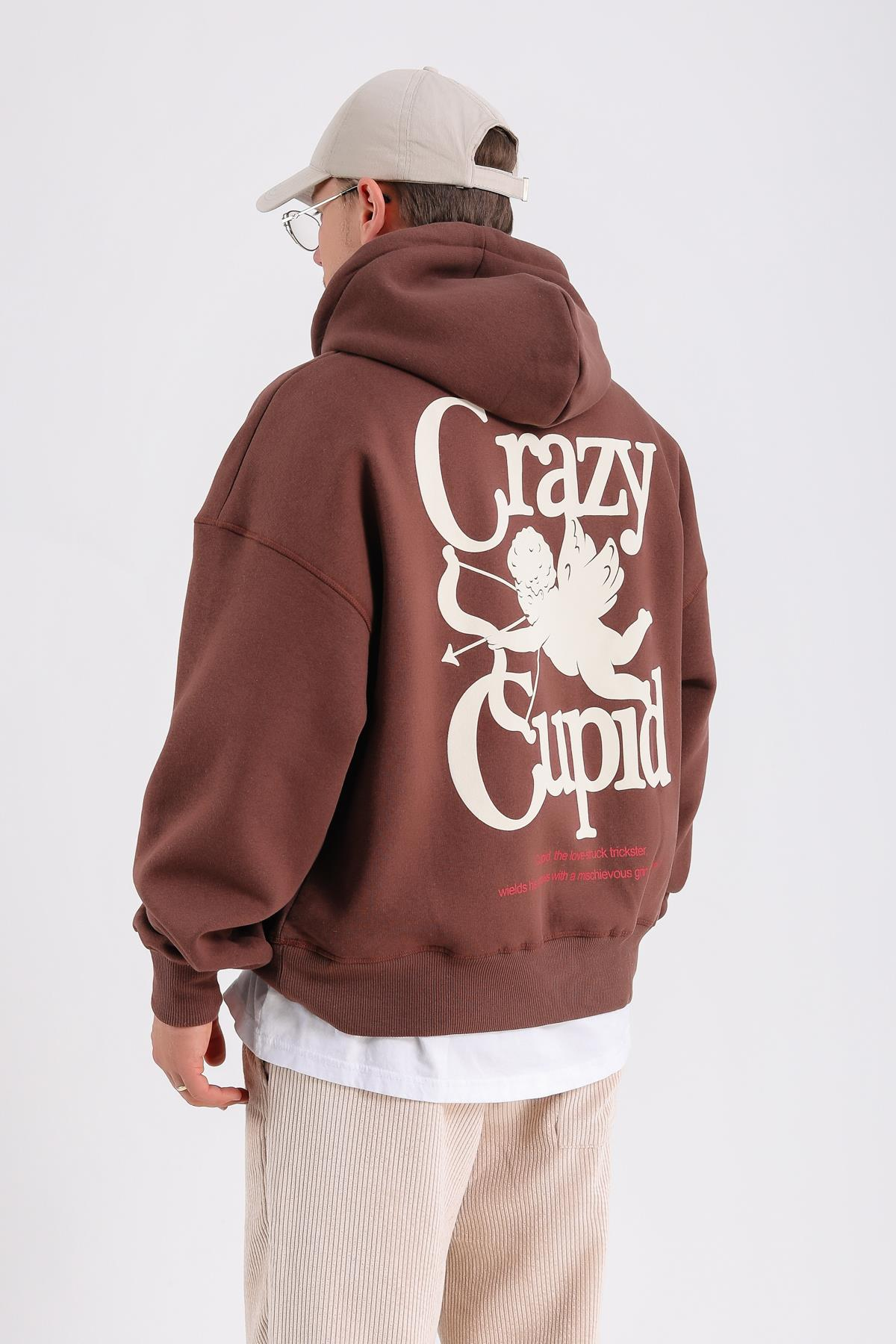 Crazy Nakışlı Kahve Oversize Sweatshirt SW1193
