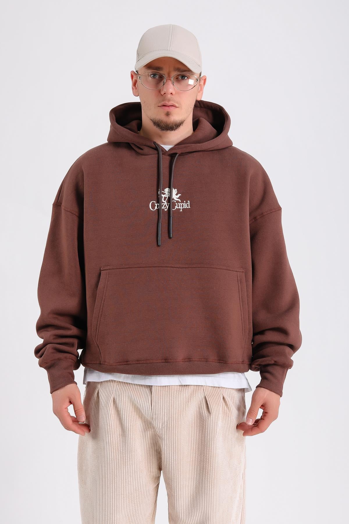 Crazy Nakışlı Kahve Oversize Sweatshirt SW1193