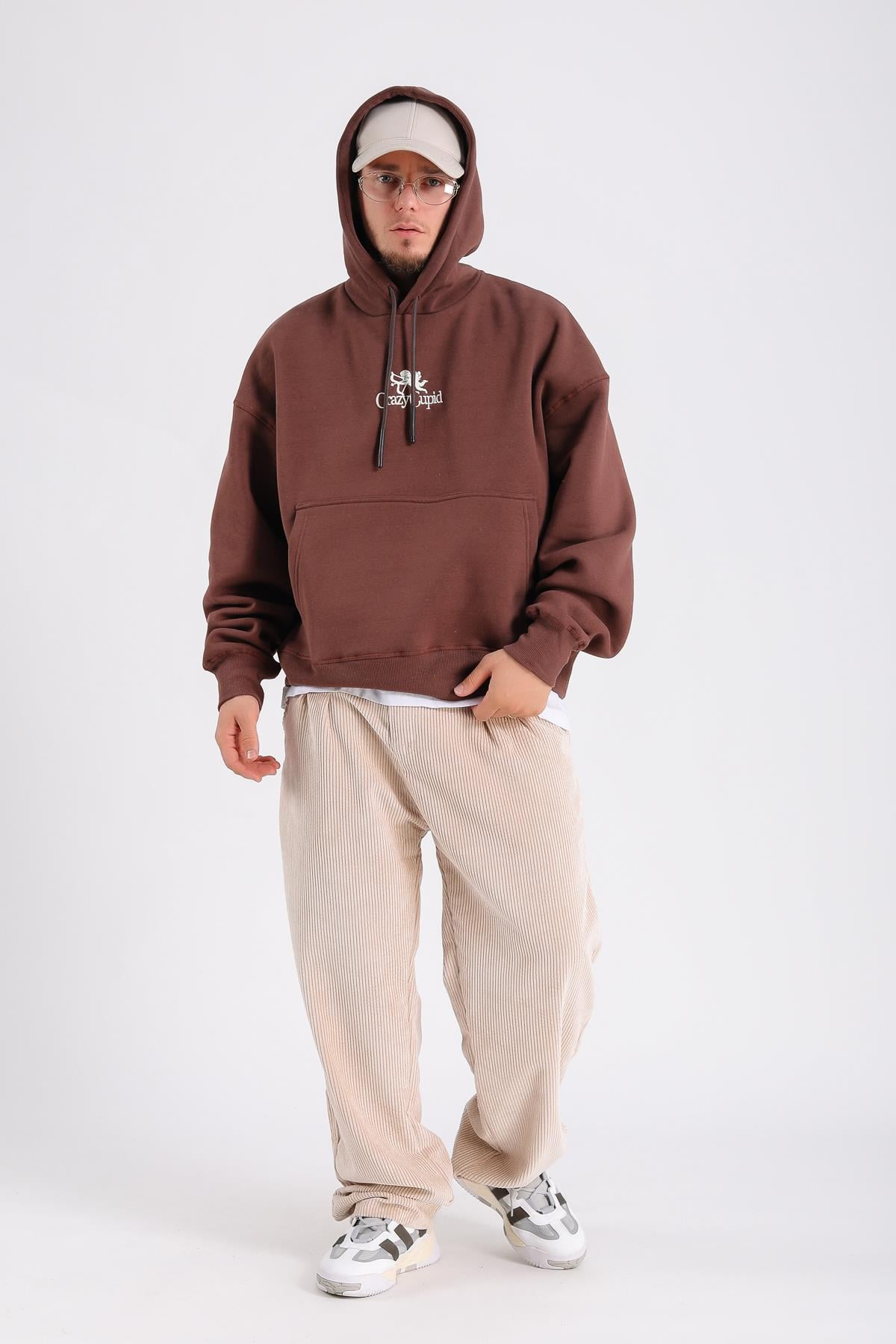 Crazy Nakışlı Kahve Oversize Sweatshirt SW1193