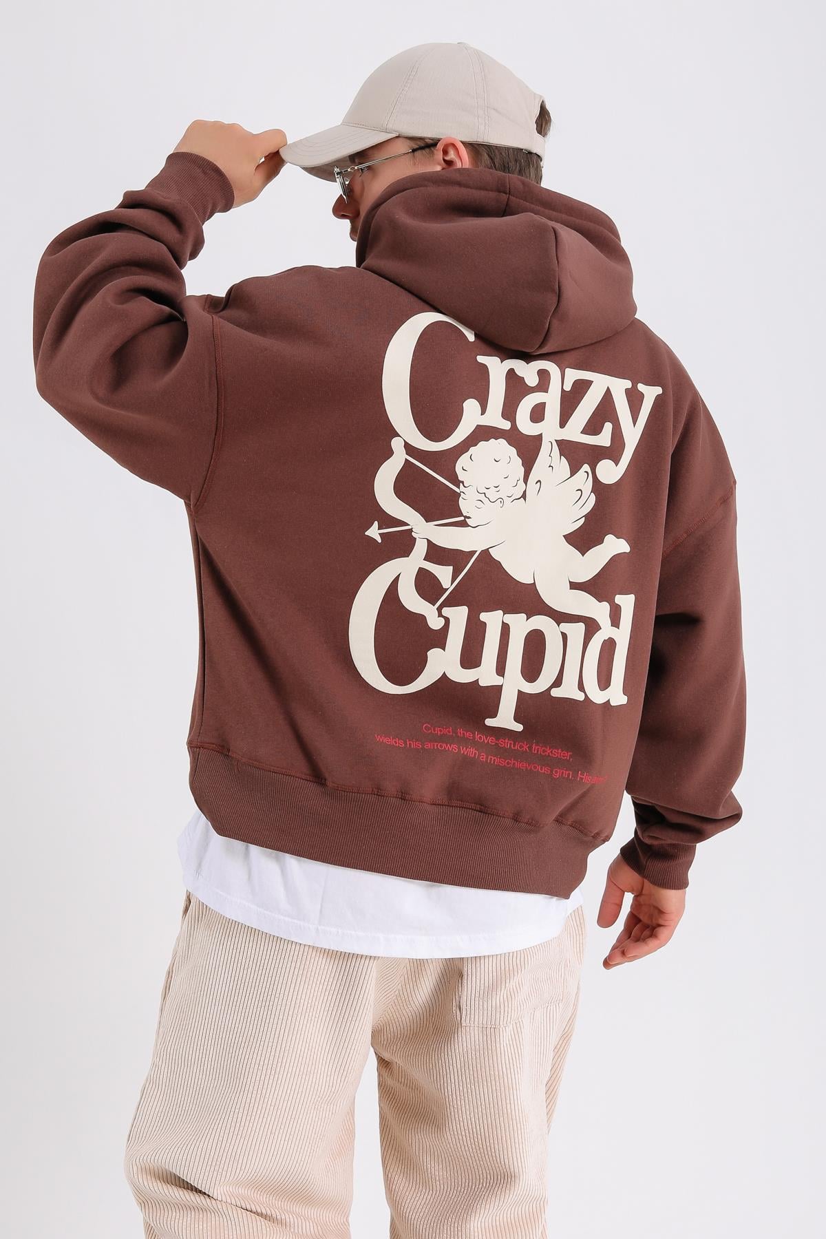 Crazy Nakışlı Kahve Oversize Sweatshirt SW1193