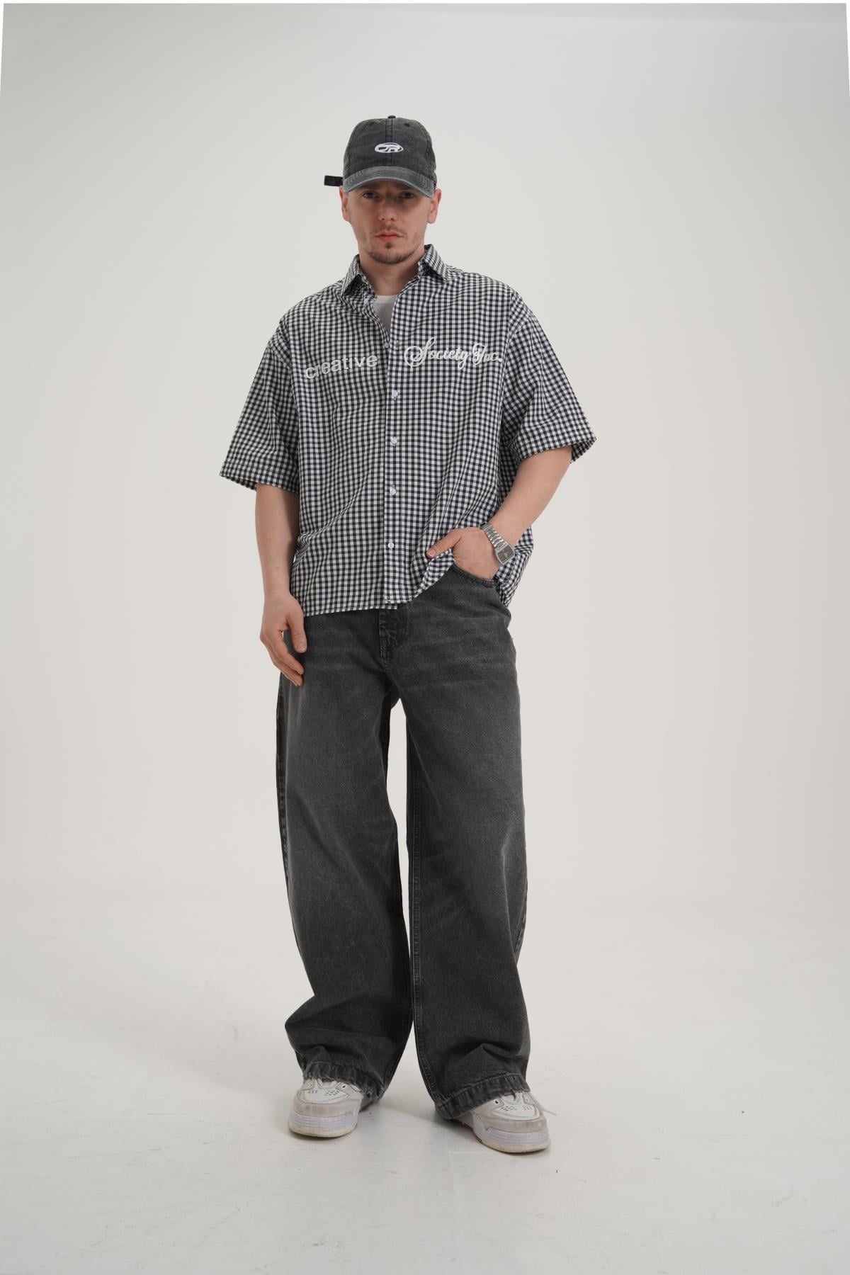 Creative Baskılı Siyah Oversize Ekose Gömlek PM01 26Y285