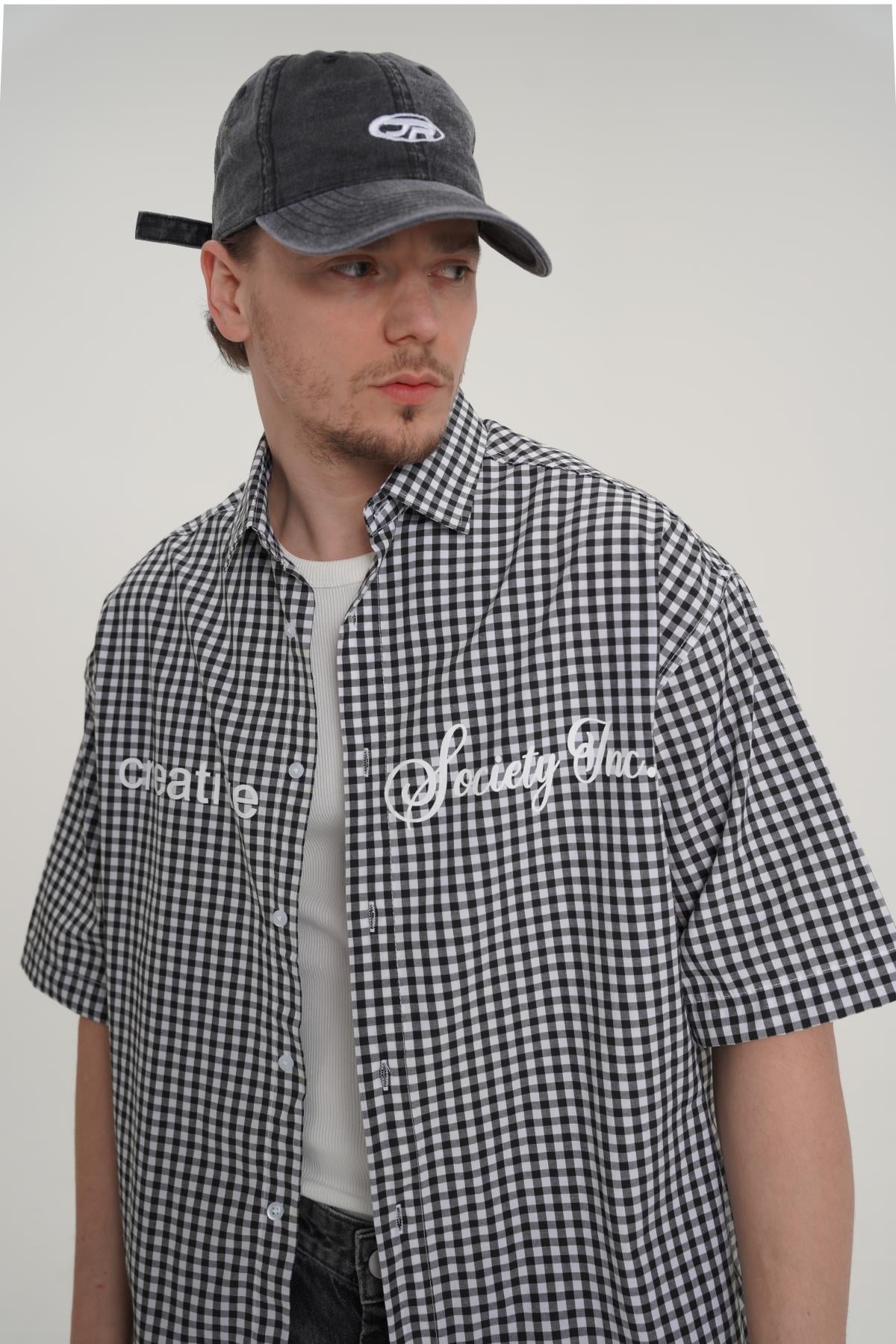 Creative Baskılı Siyah Oversize Ekose Gömlek PM01 26Y285