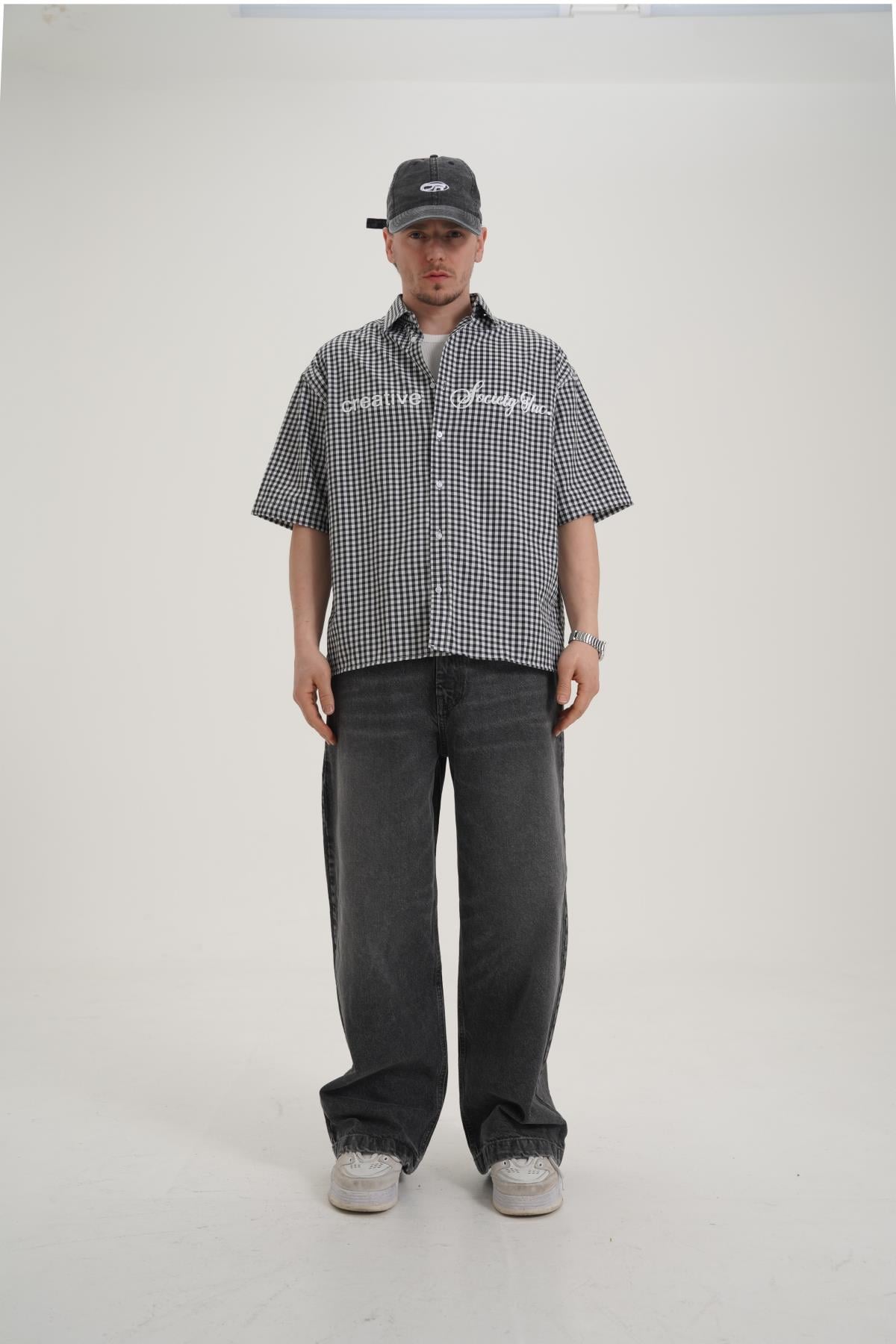 Creative Baskılı Siyah Oversize Ekose Gömlek PM01 26Y285