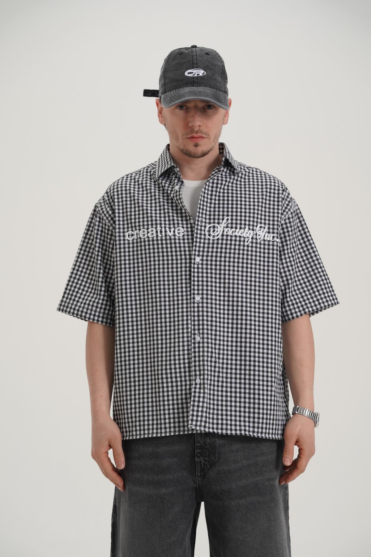 Creative Baskılı Siyah Oversize Ekose Gömlek PM01 26Y285