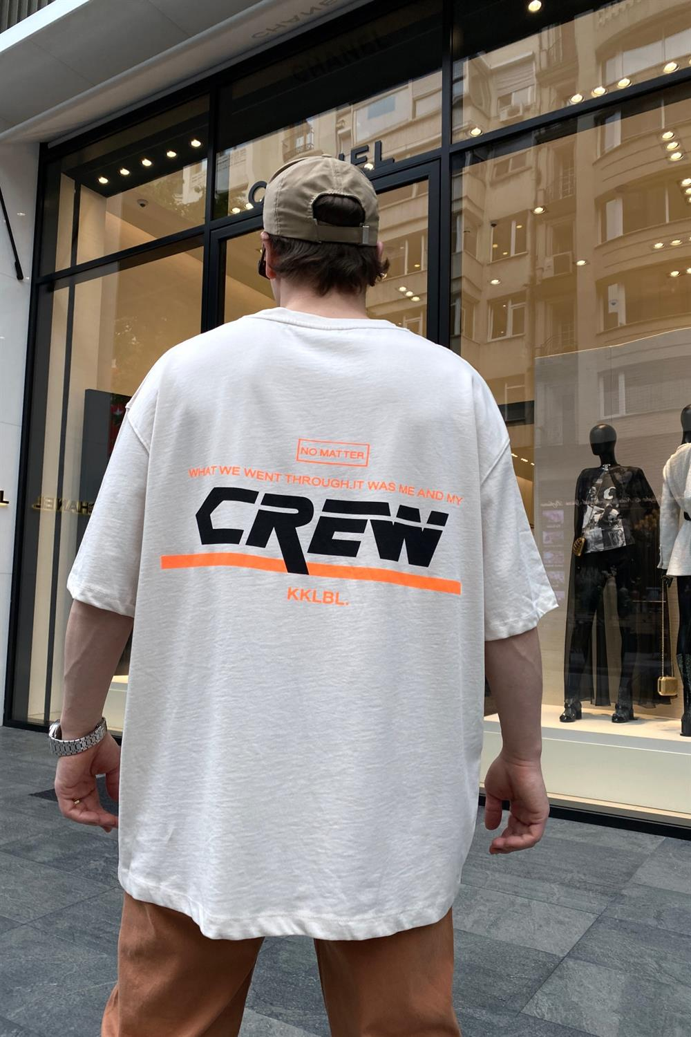 Crew Baskılı Krem Oversize Tshirt T686
