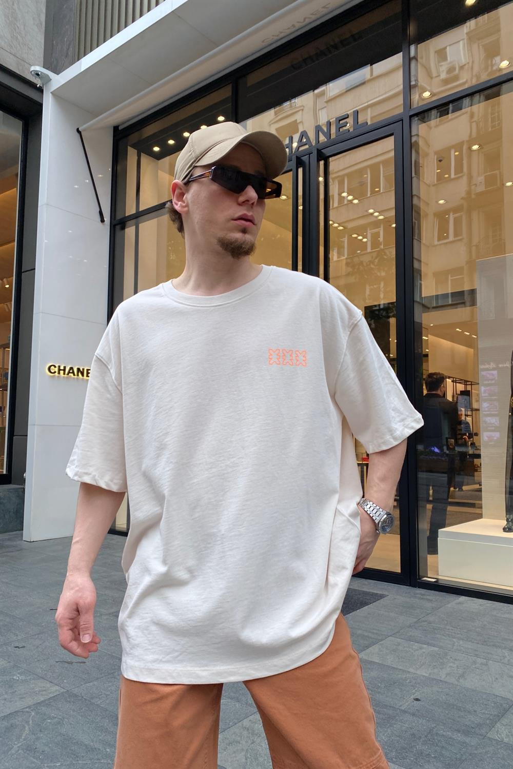 Crew Baskılı Krem Oversize Tshirt T686