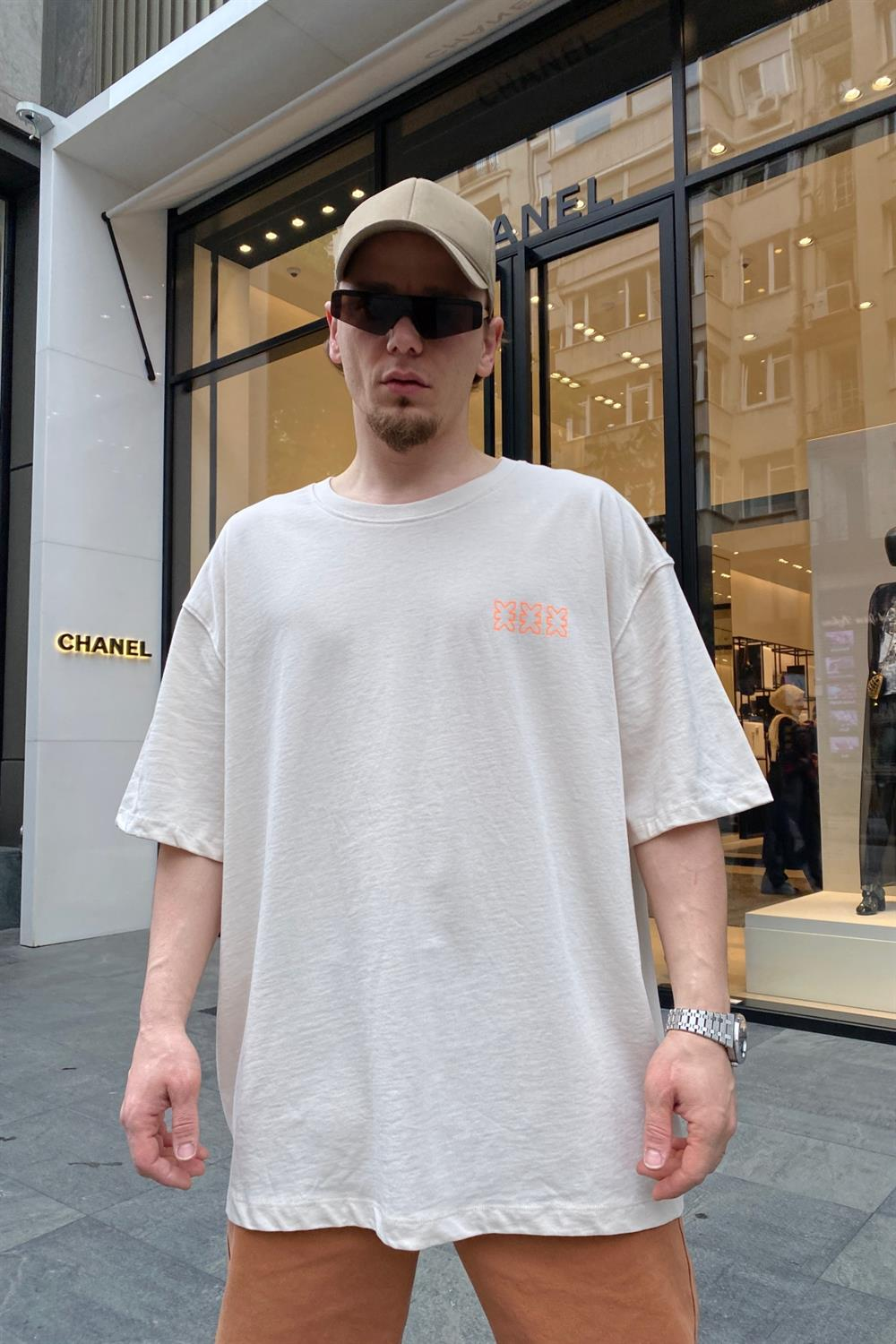 Crew Baskılı Krem Oversize Tshirt T686
