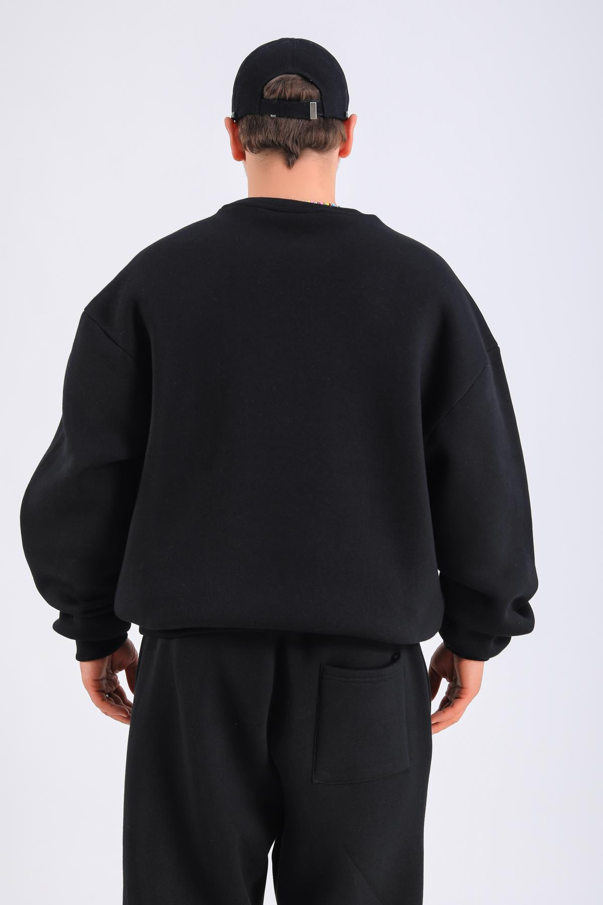 D Nakışlı Siyah Oversize Sweatshirt SW1321
