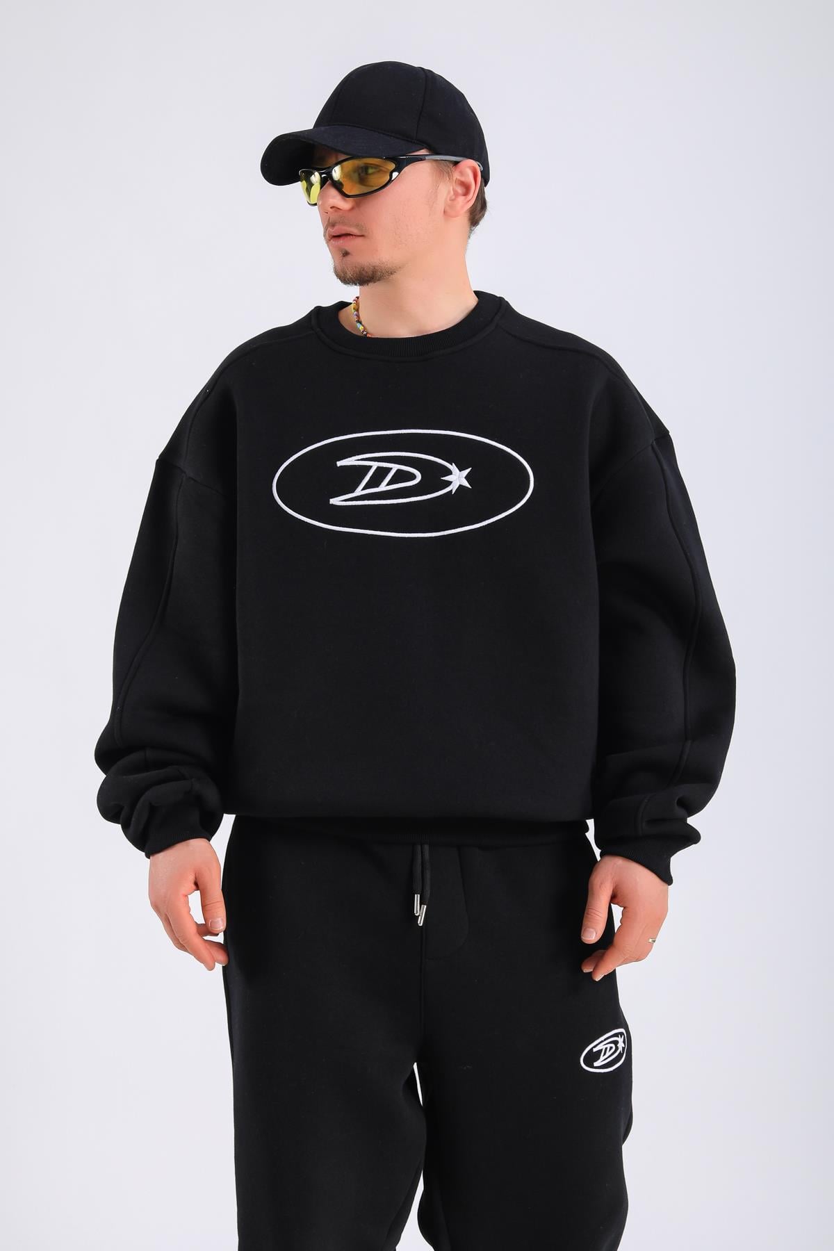 D Nakışlı Siyah Oversize Sweatshirt SW1321