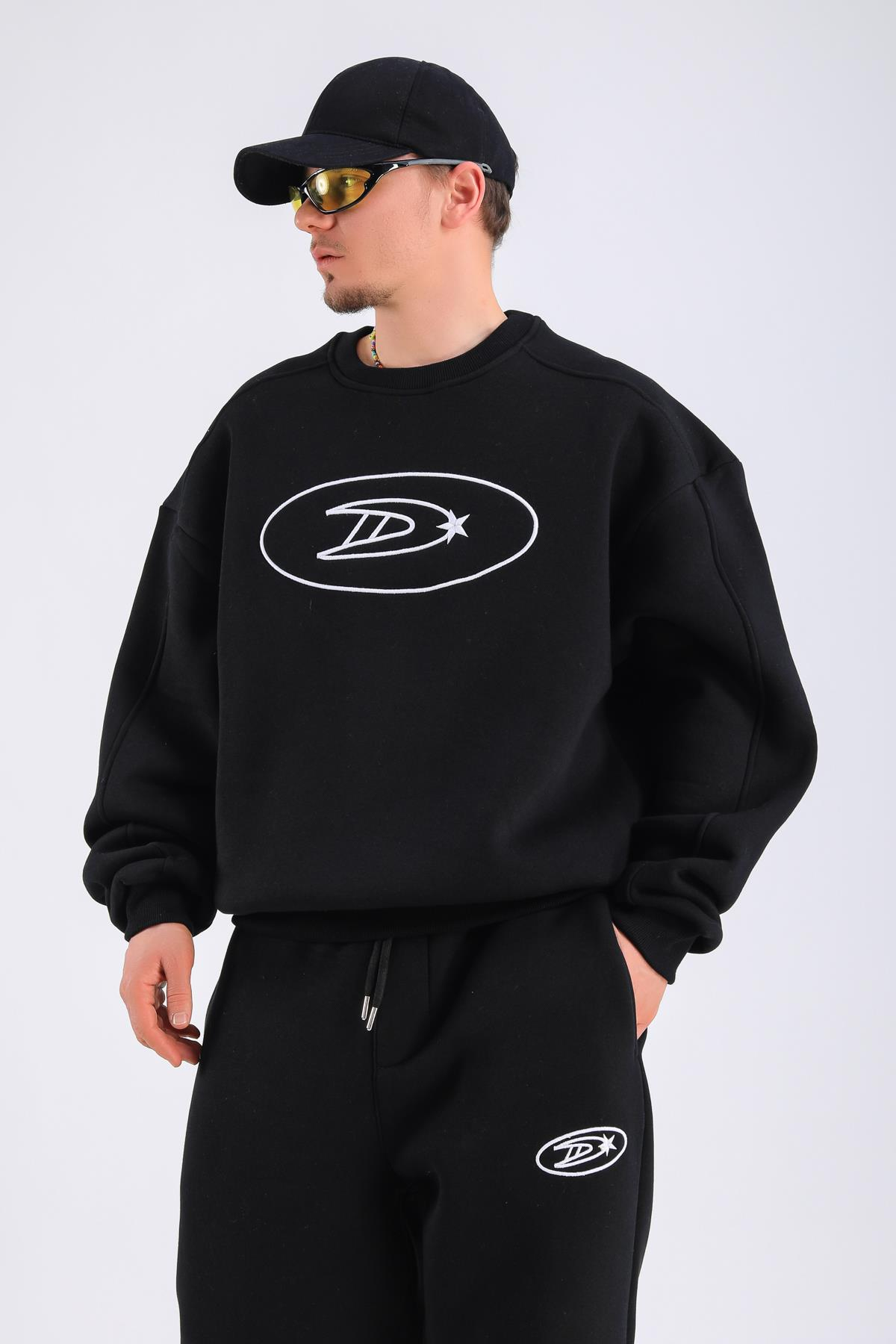D Nakışlı Siyah Oversize Sweatshirt SW1321