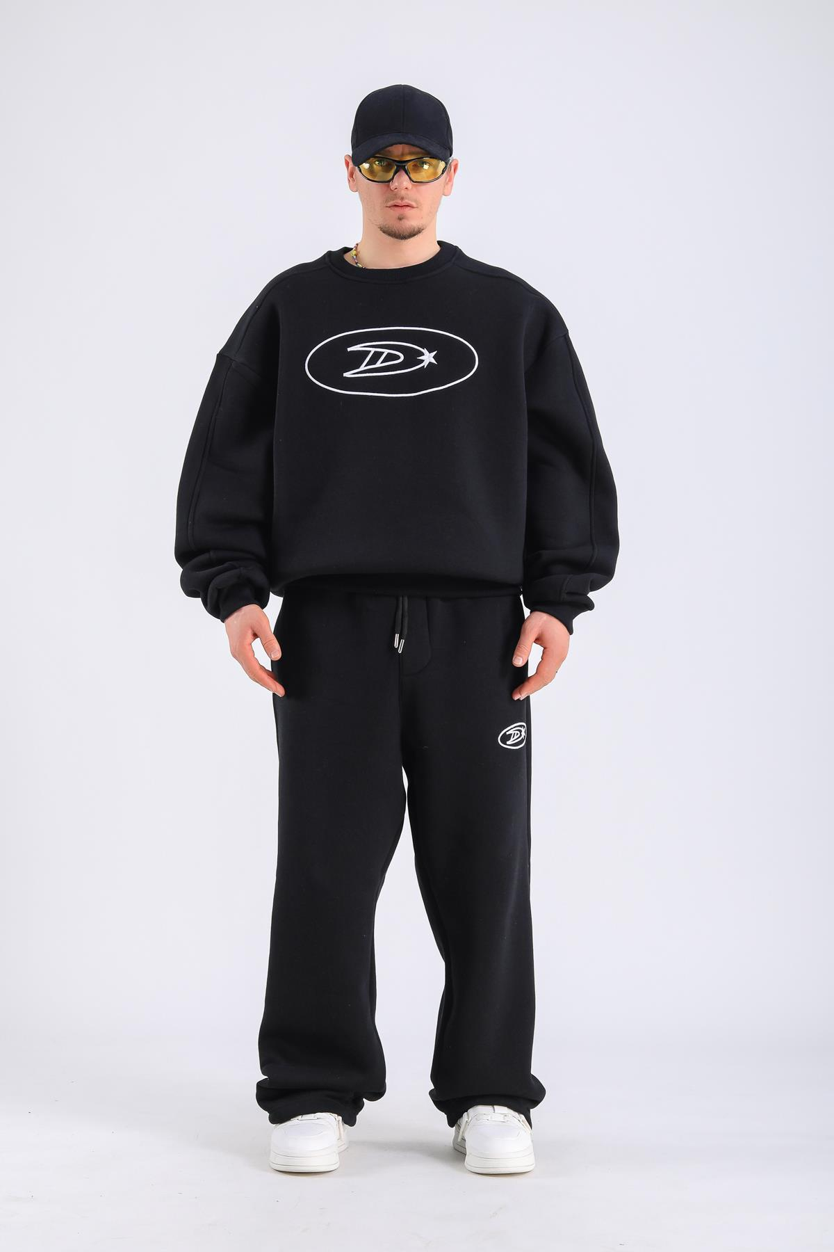 D Nakışlı Siyah Oversize Sweatshirt SW1321