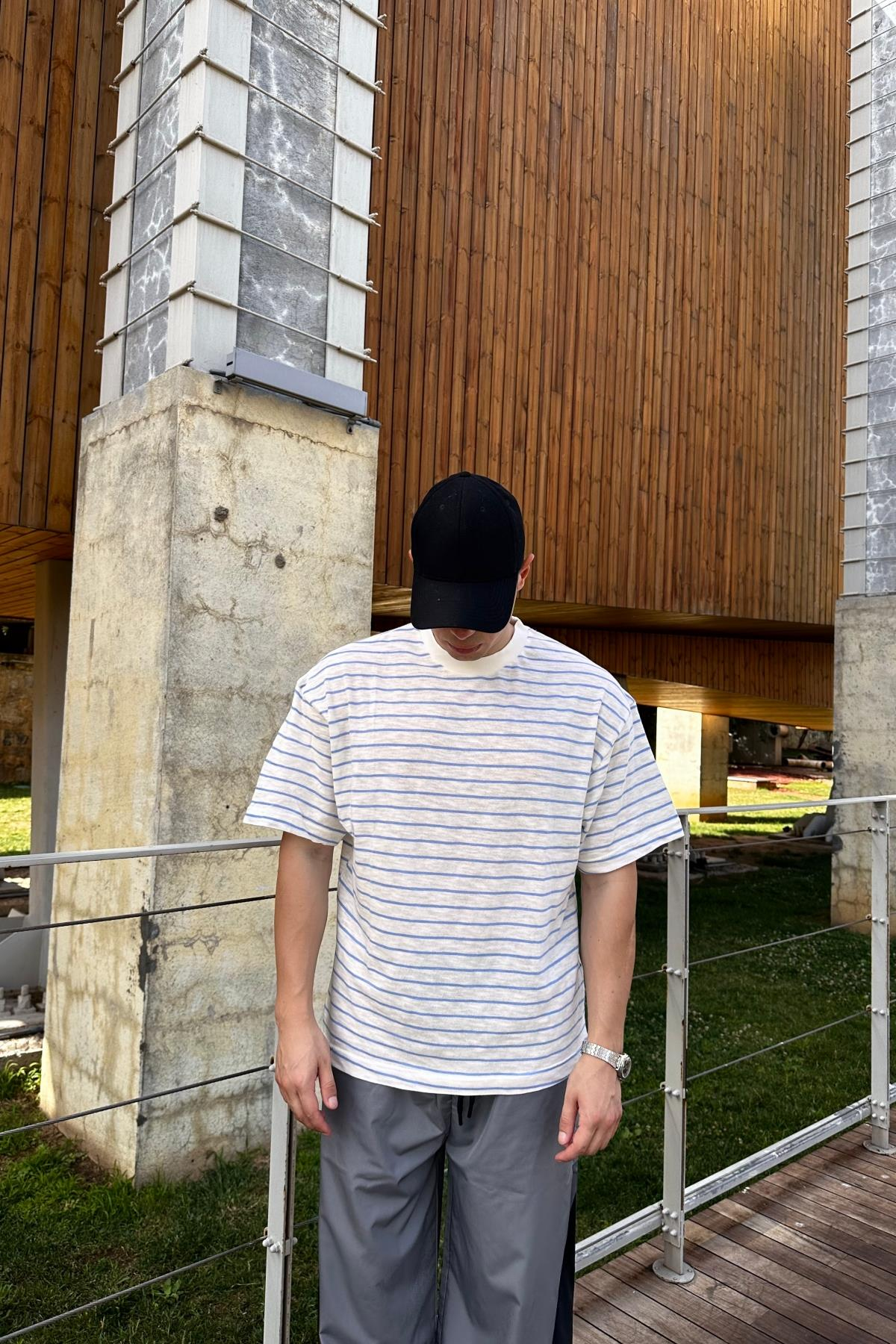Dad Mavi Çizgili İnce Kumaş Oversize Tshirt  T1140