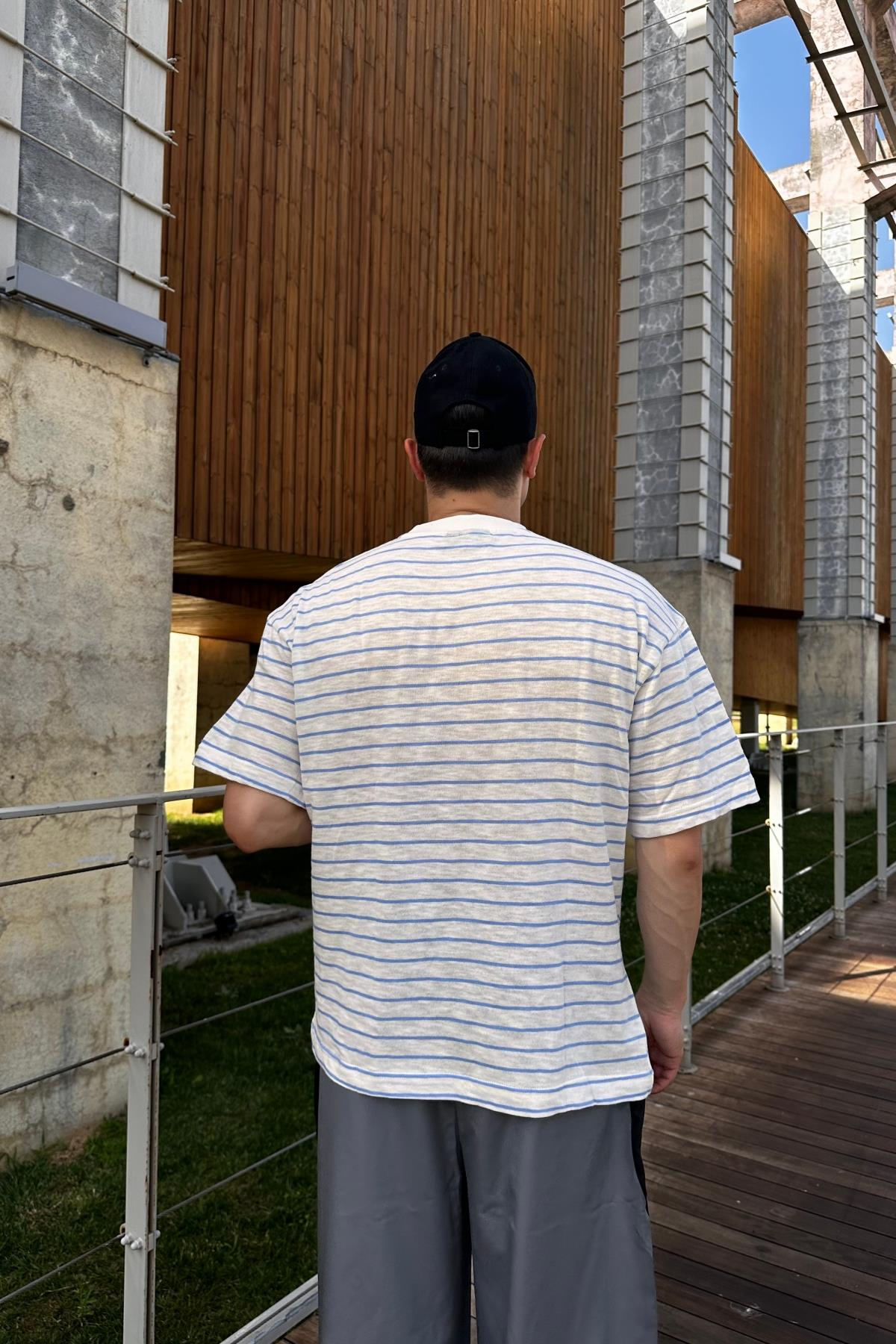 Dad Mavi Çizgili İnce Kumaş Oversize Tshirt  T1140