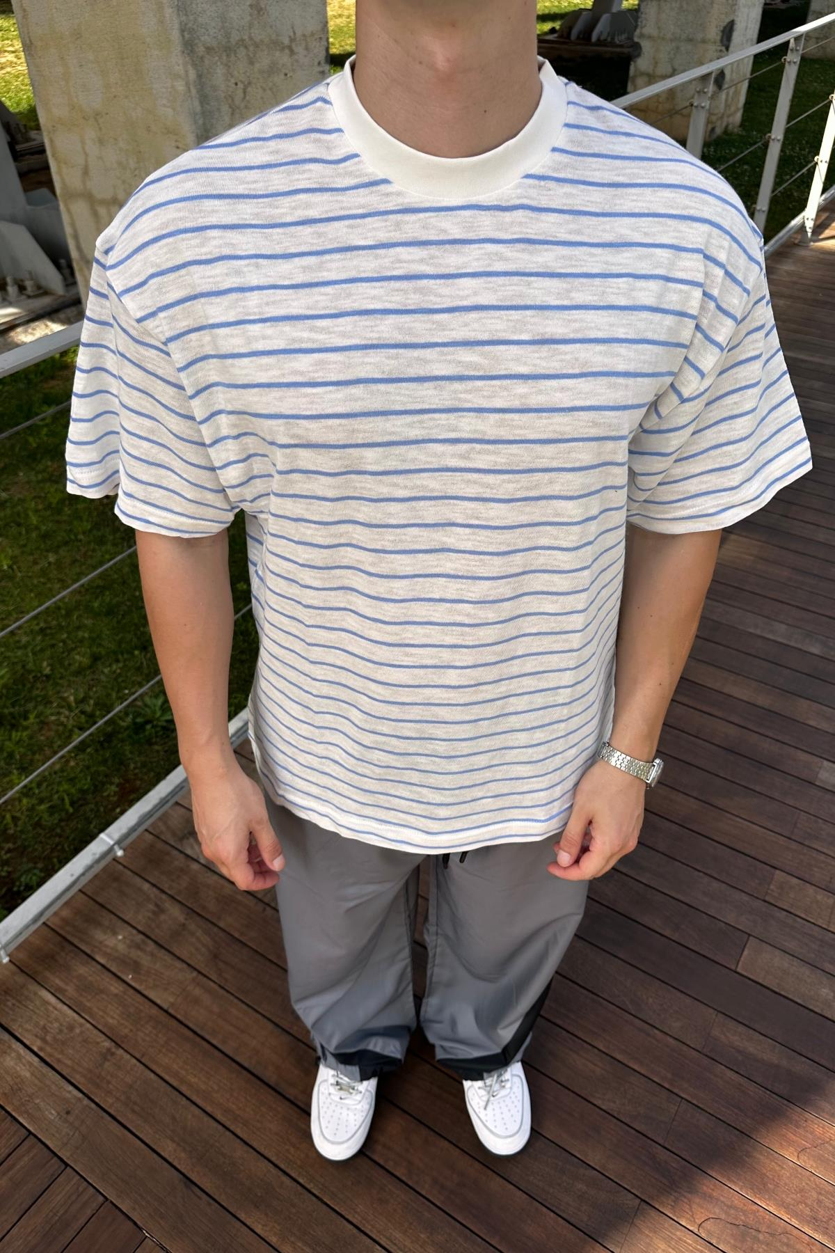 Dad Mavi Çizgili İnce Kumaş Oversize Tshirt  T1140