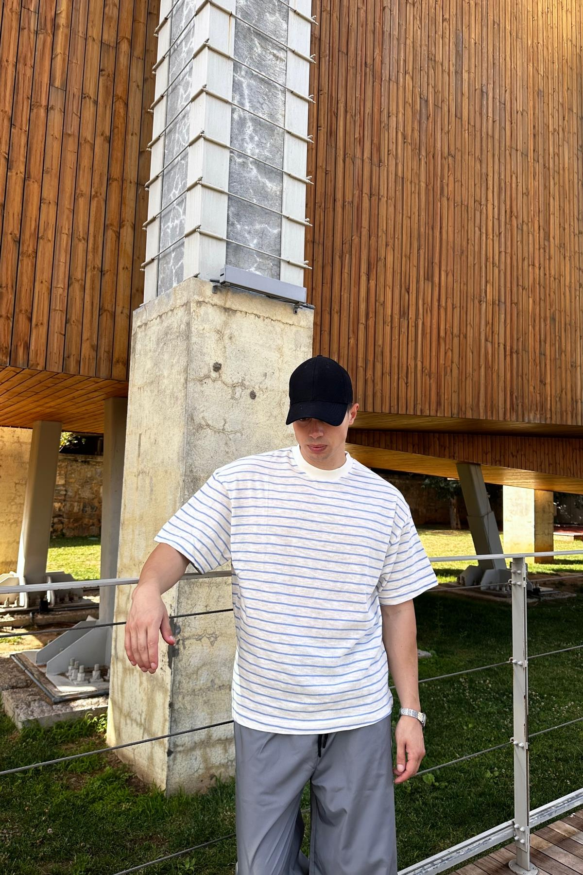 Dad Mavi Çizgili İnce Kumaş Oversize Tshirt  T1140