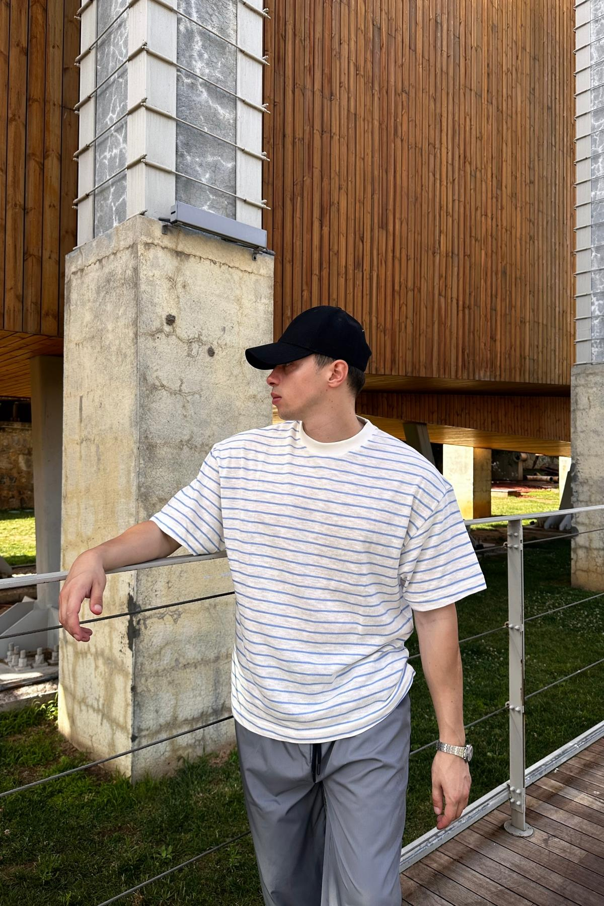 Dad Mavi Çizgili İnce Kumaş Oversize Tshirt  T1140