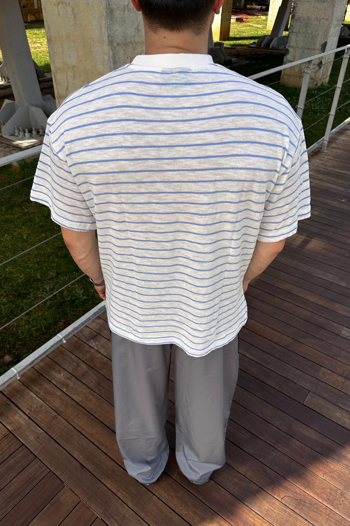 Dad Mavi Çizgili İnce Kumaş Oversize Tshirt  T1140