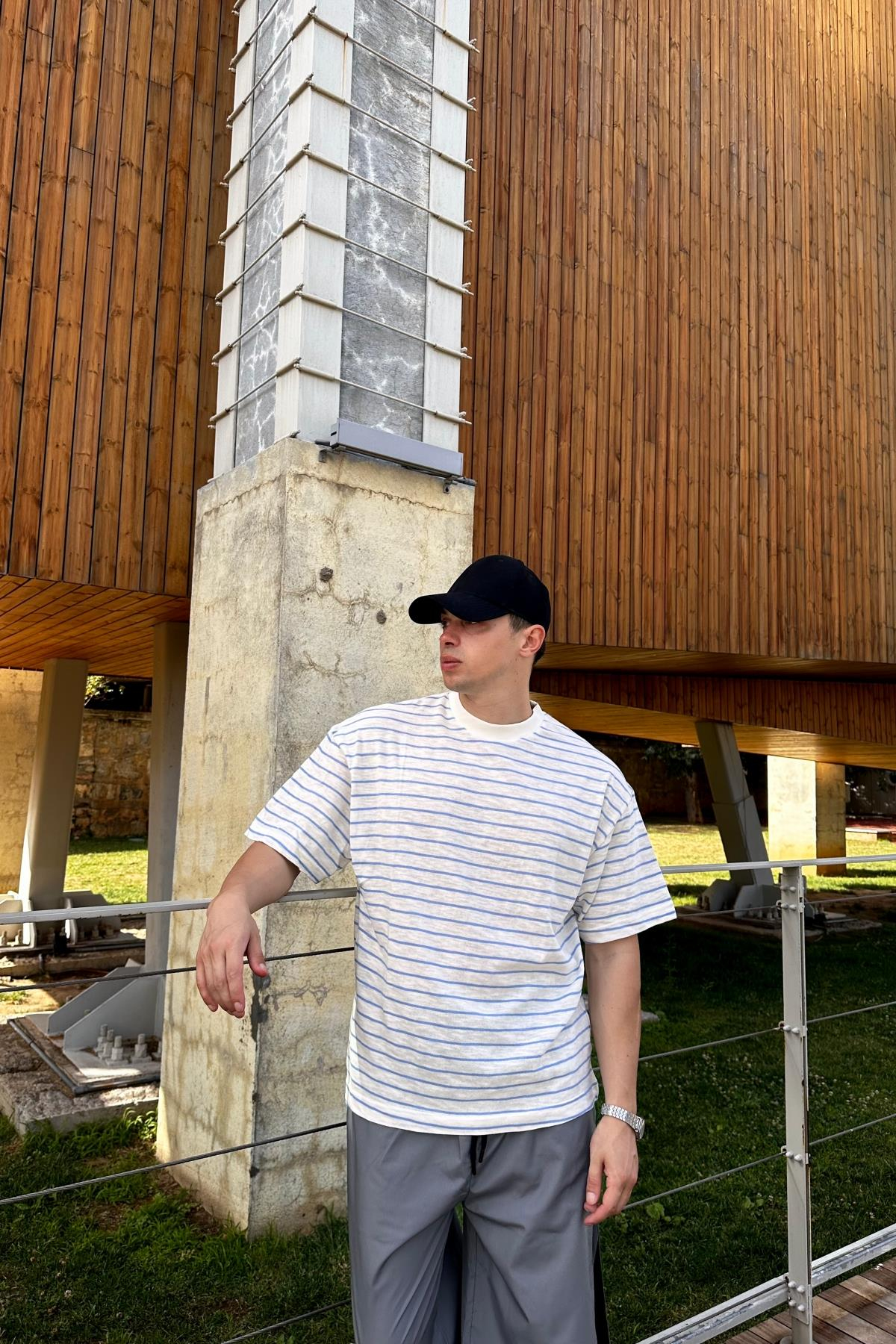 Dad Mavi Çizgili İnce Kumaş Oversize Tshirt  T1140