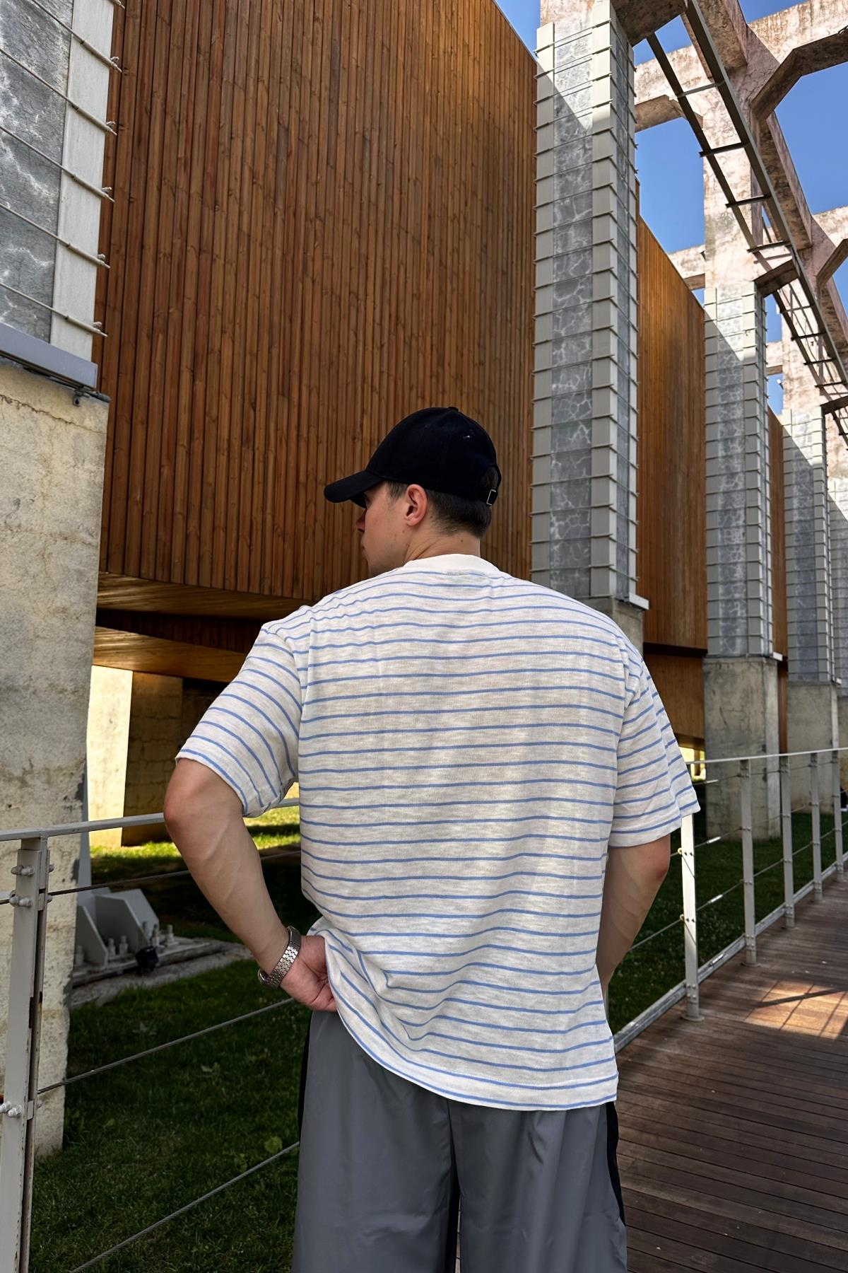 Dad Mavi Çizgili İnce Kumaş Oversize Tshirt  T1140