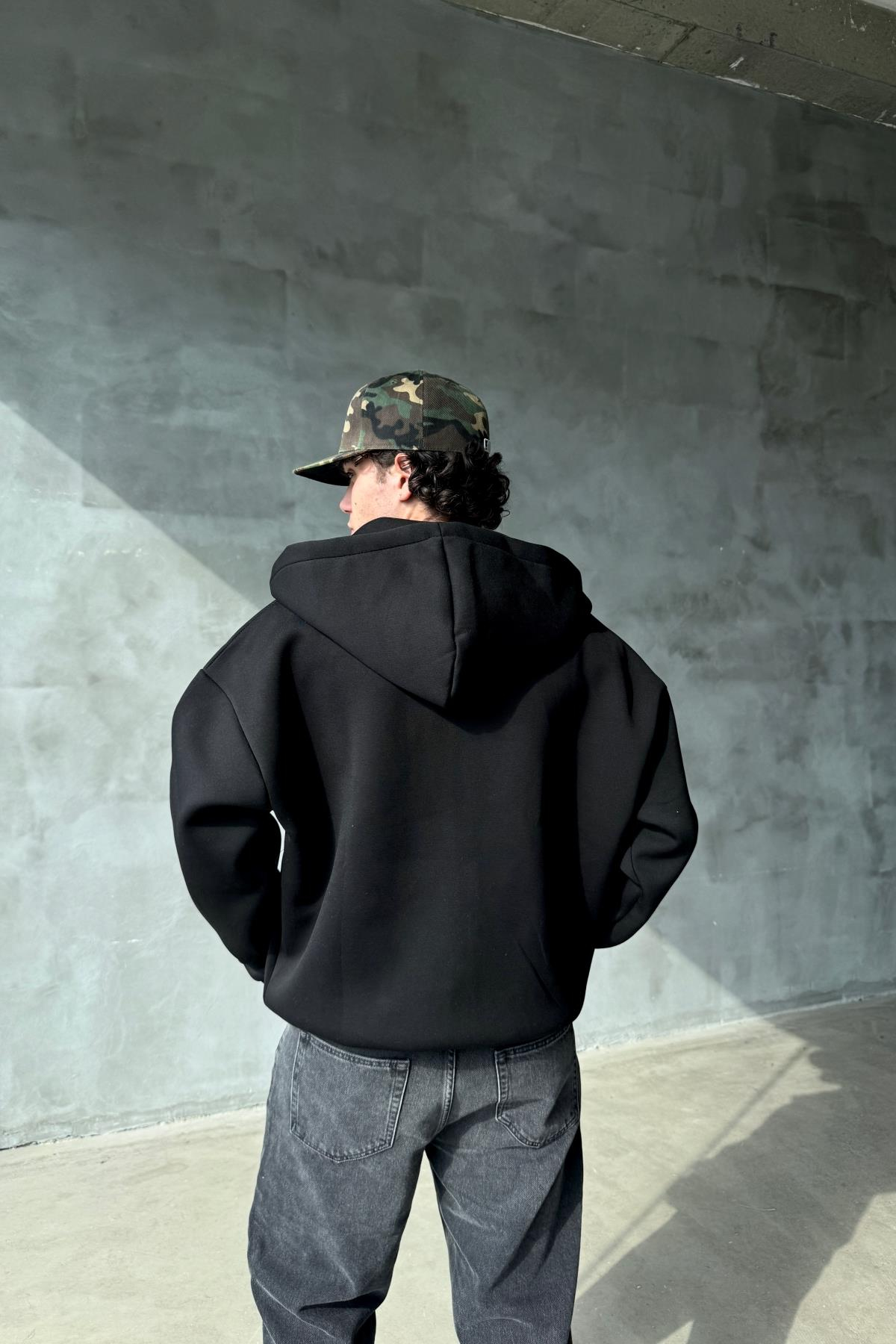 Dalgıç Kumaş Siyah Oversize Basic Zipper Sweatshirt SR01