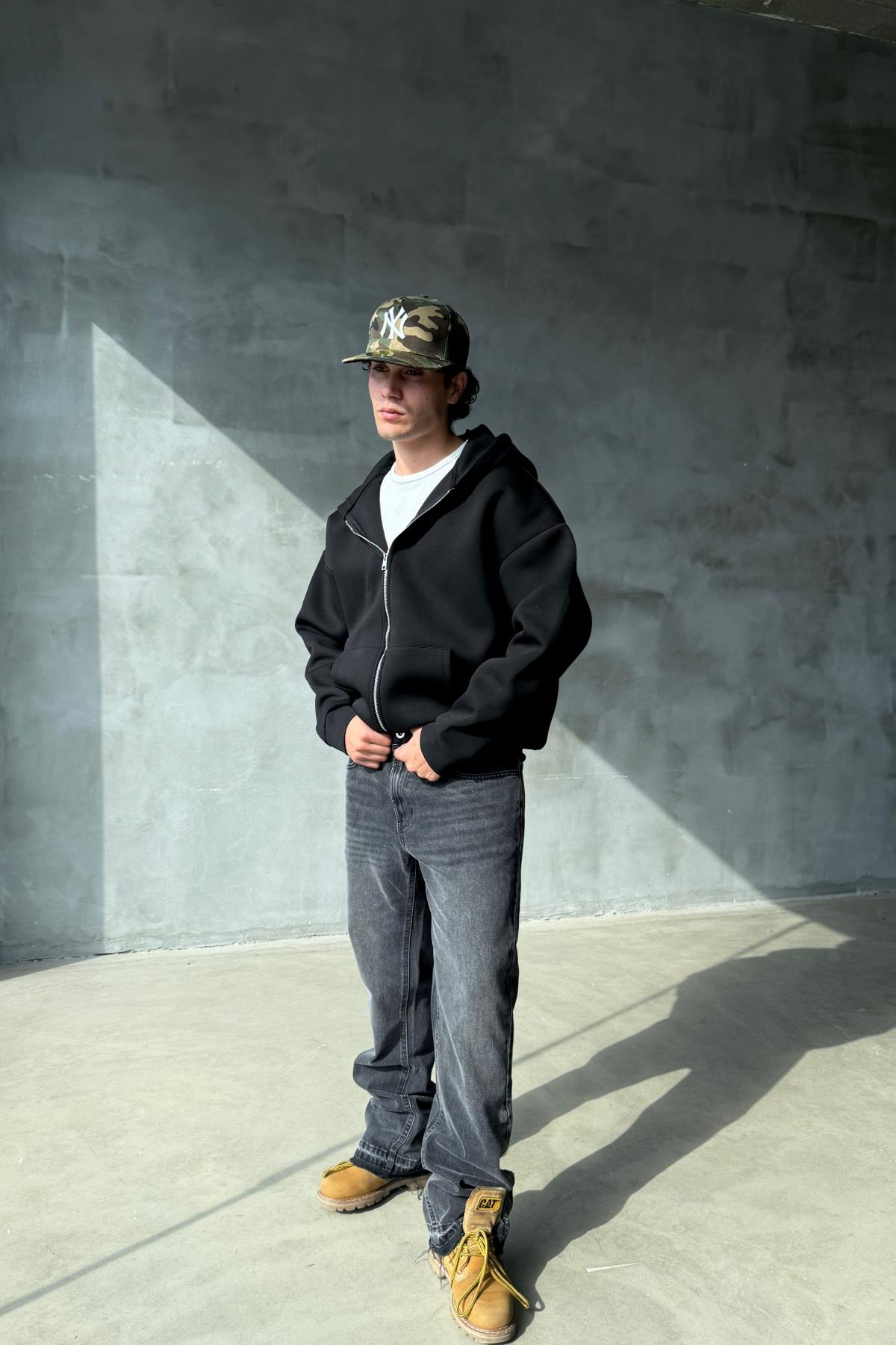 Dalgıç Kumaş Siyah Oversize Basic Zipper Sweatshirt SR01