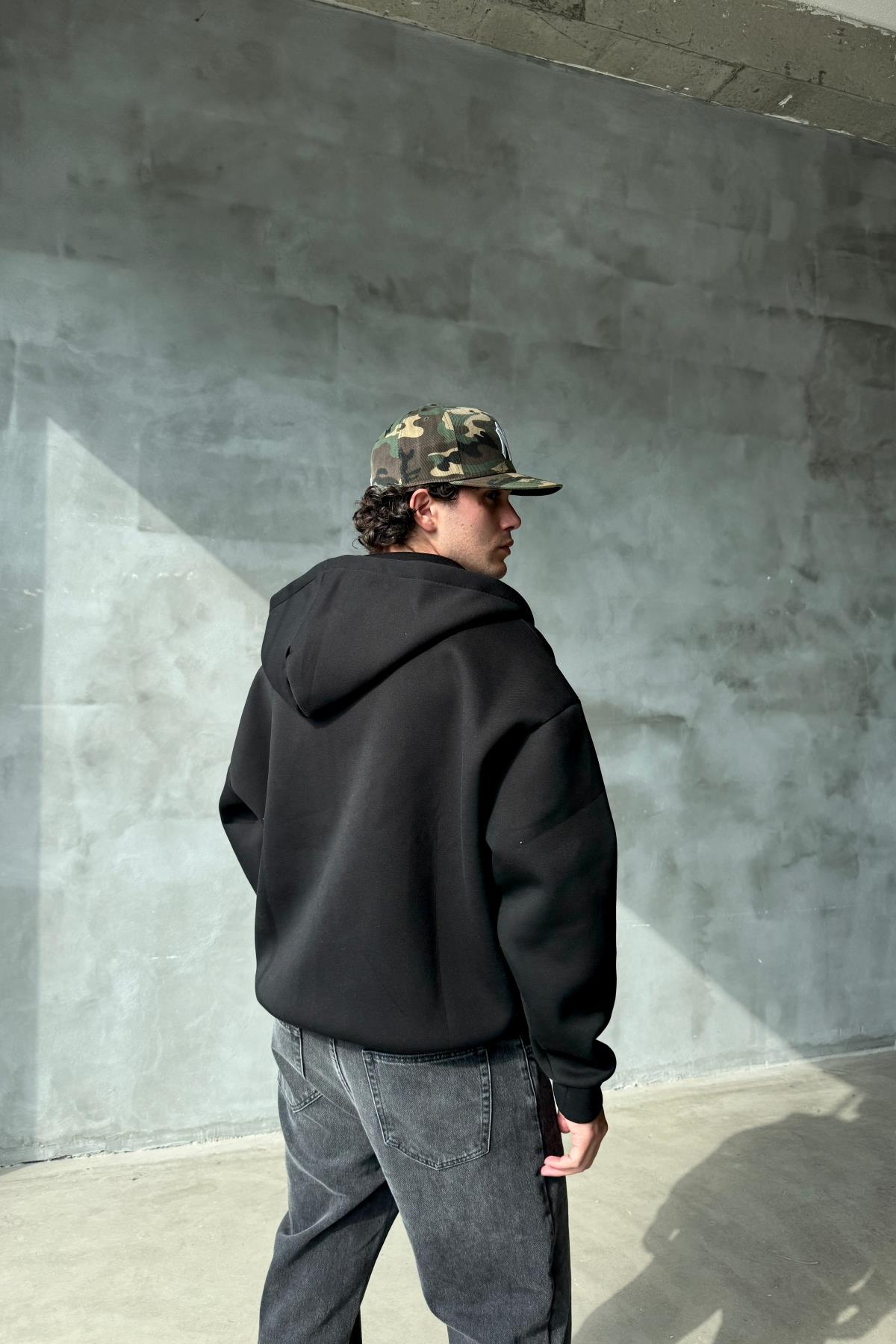 Dalgıç Kumaş Siyah Oversize Basic Zipper Sweatshirt SR01