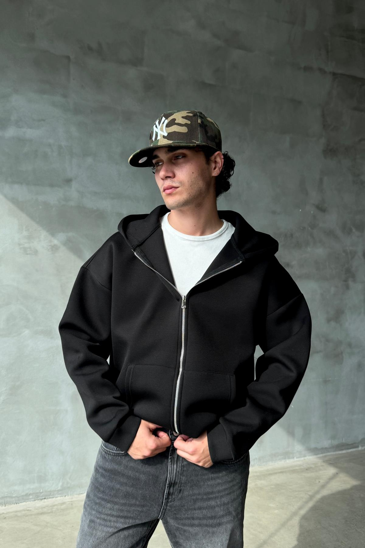 Dalgıç Kumaş Siyah Oversize Basic Zipper Sweatshirt SR01