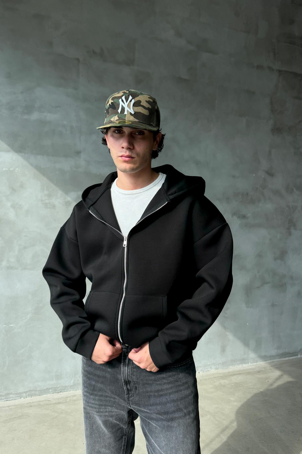 Dalgıç Kumaş Siyah Oversize Basic Zipper Sweatshirt SR01