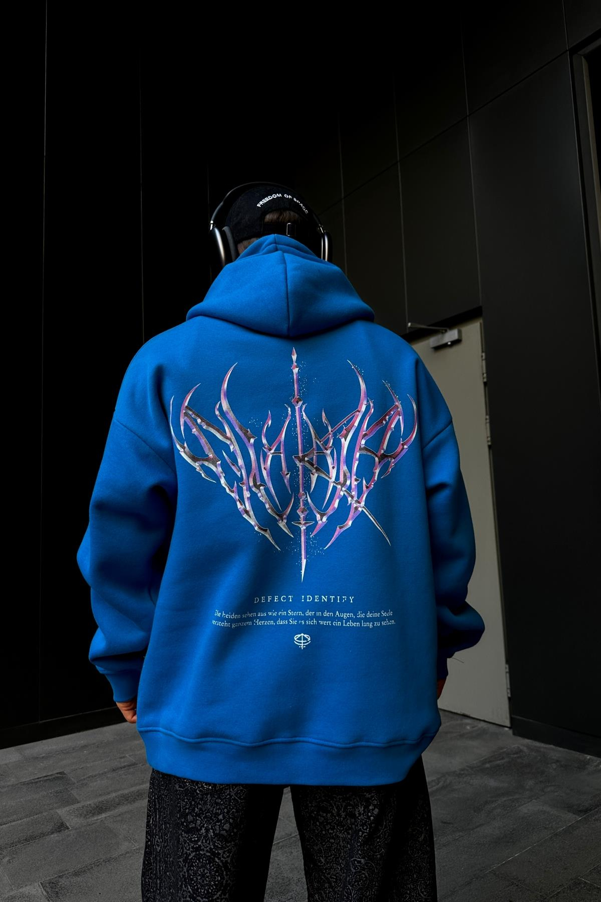 Defect Baskılı Mavi Oversize Hoodie SW1089