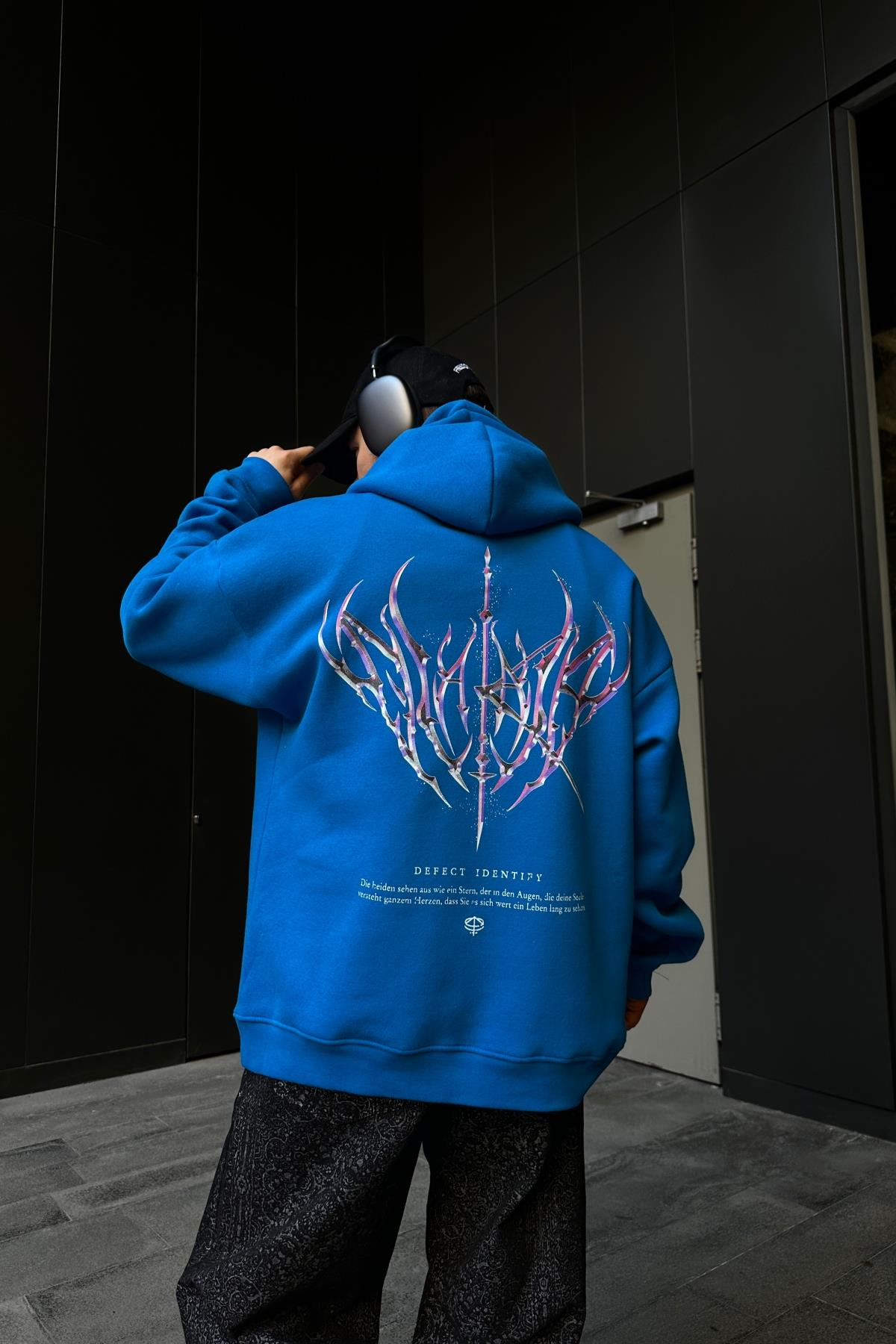 Defect Baskılı Mavi Oversize Hoodie SW1089