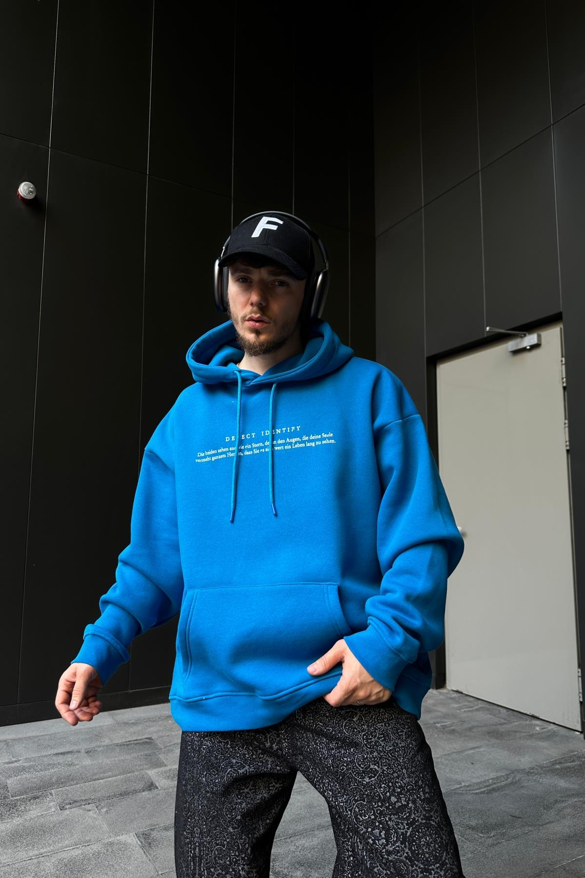 Defect Baskılı Mavi Oversize Hoodie SW1089