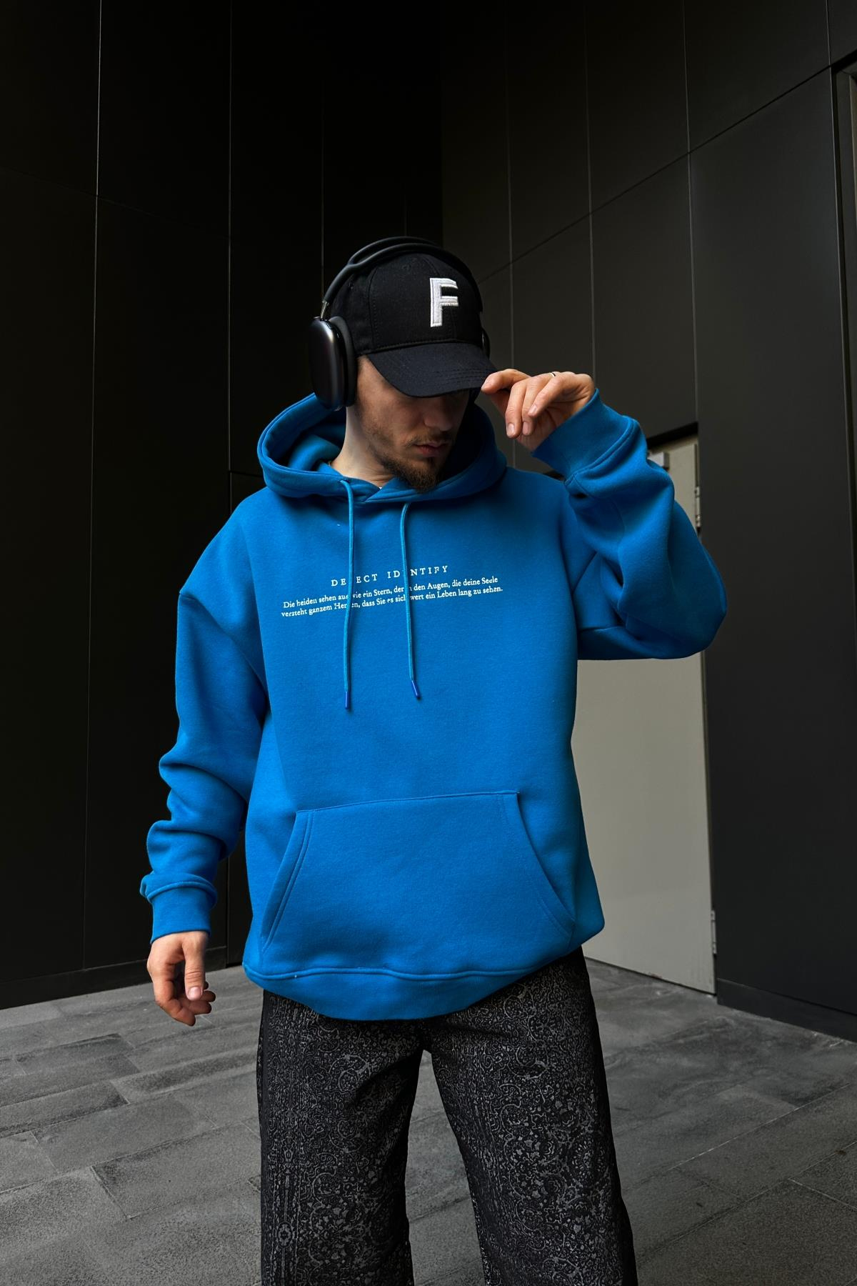 Defect Baskılı Mavi Oversize Hoodie SW1089