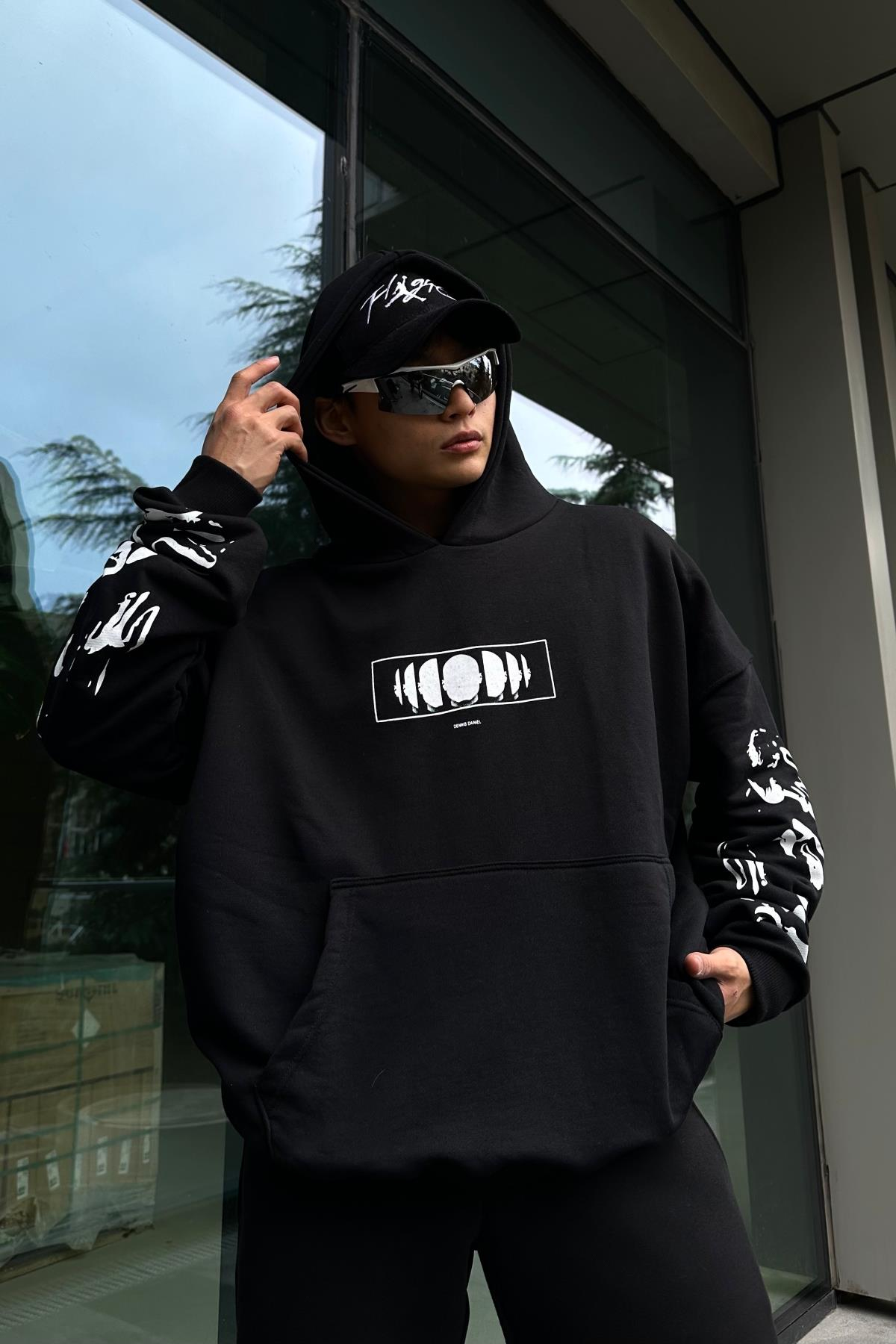 Dennis Baskılı Siyah Oversize Sweatshirt SW1026