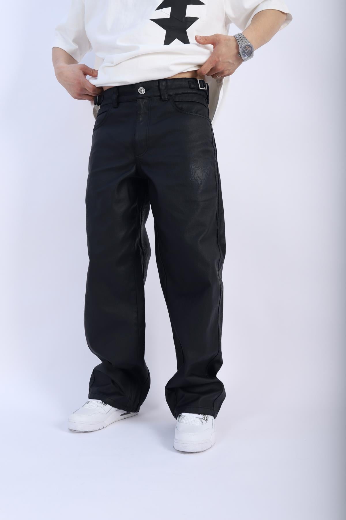 Deri Görünümlü Siyah Mumlu Pantolon P907