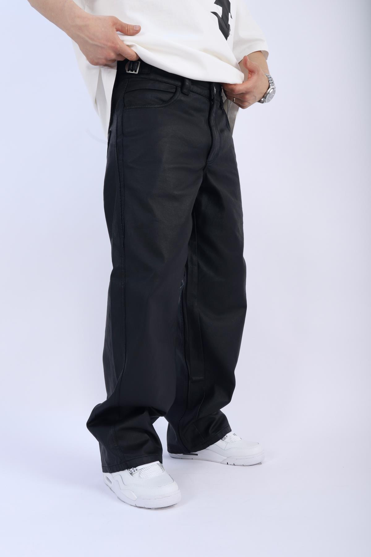 Deri Görünümlü Siyah Mumlu Pantolon P907