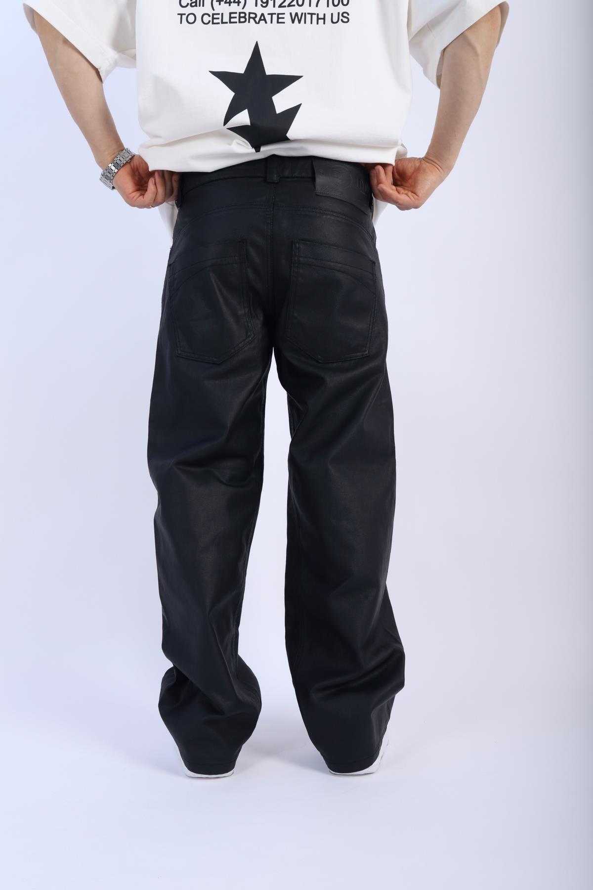 Deri Görünümlü Siyah Mumlu Pantolon P907