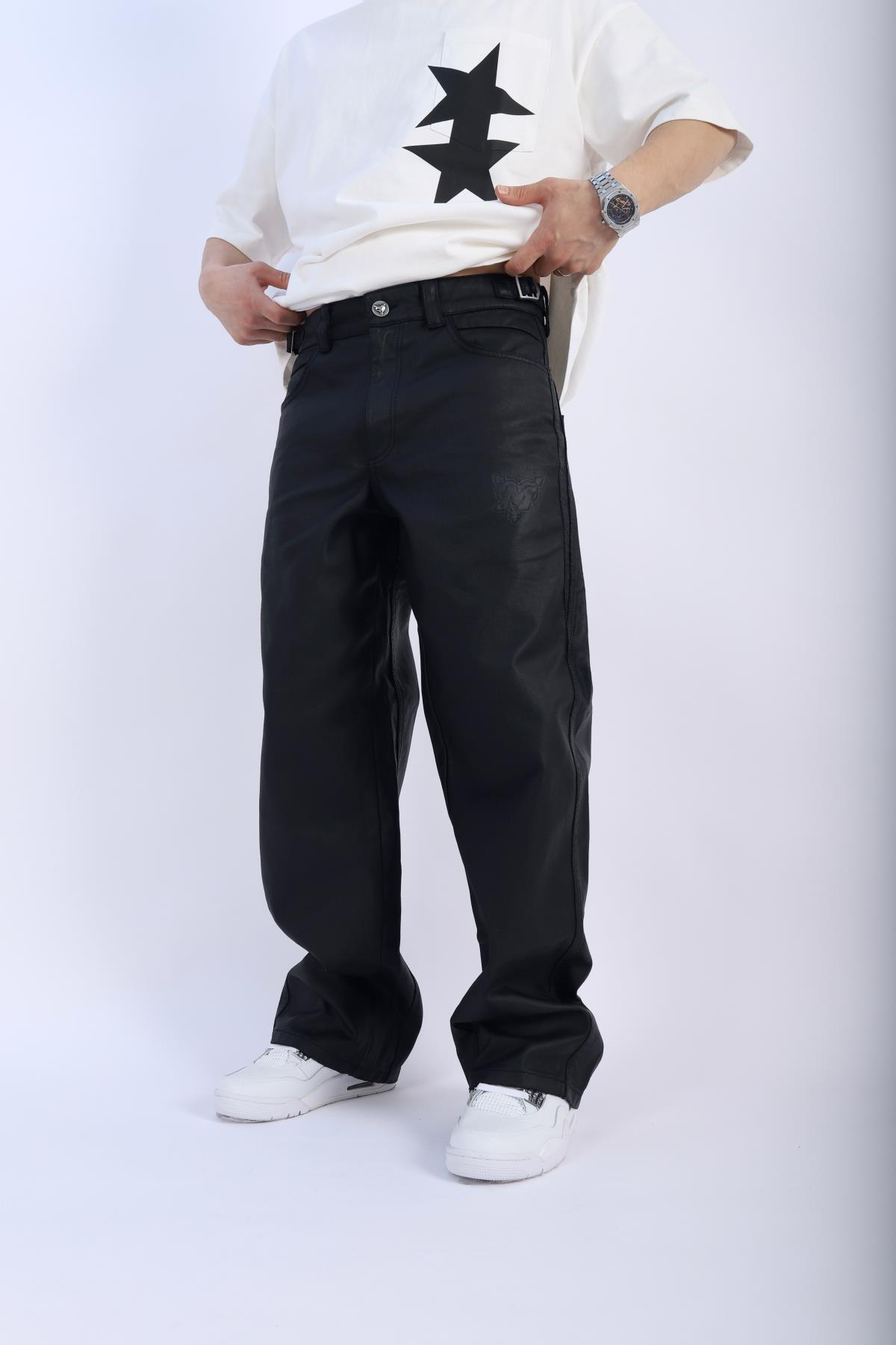 Deri Görünümlü Siyah Mumlu Pantolon P907