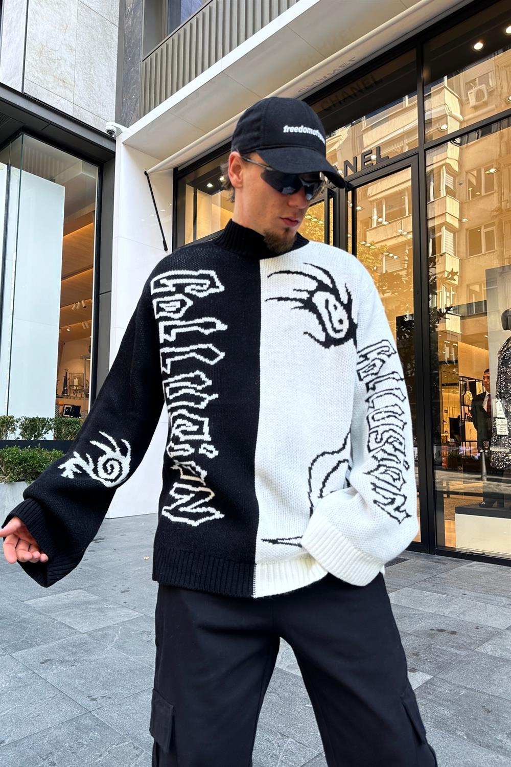 Desenli Coll Siyah Oversize Kazak KZK127