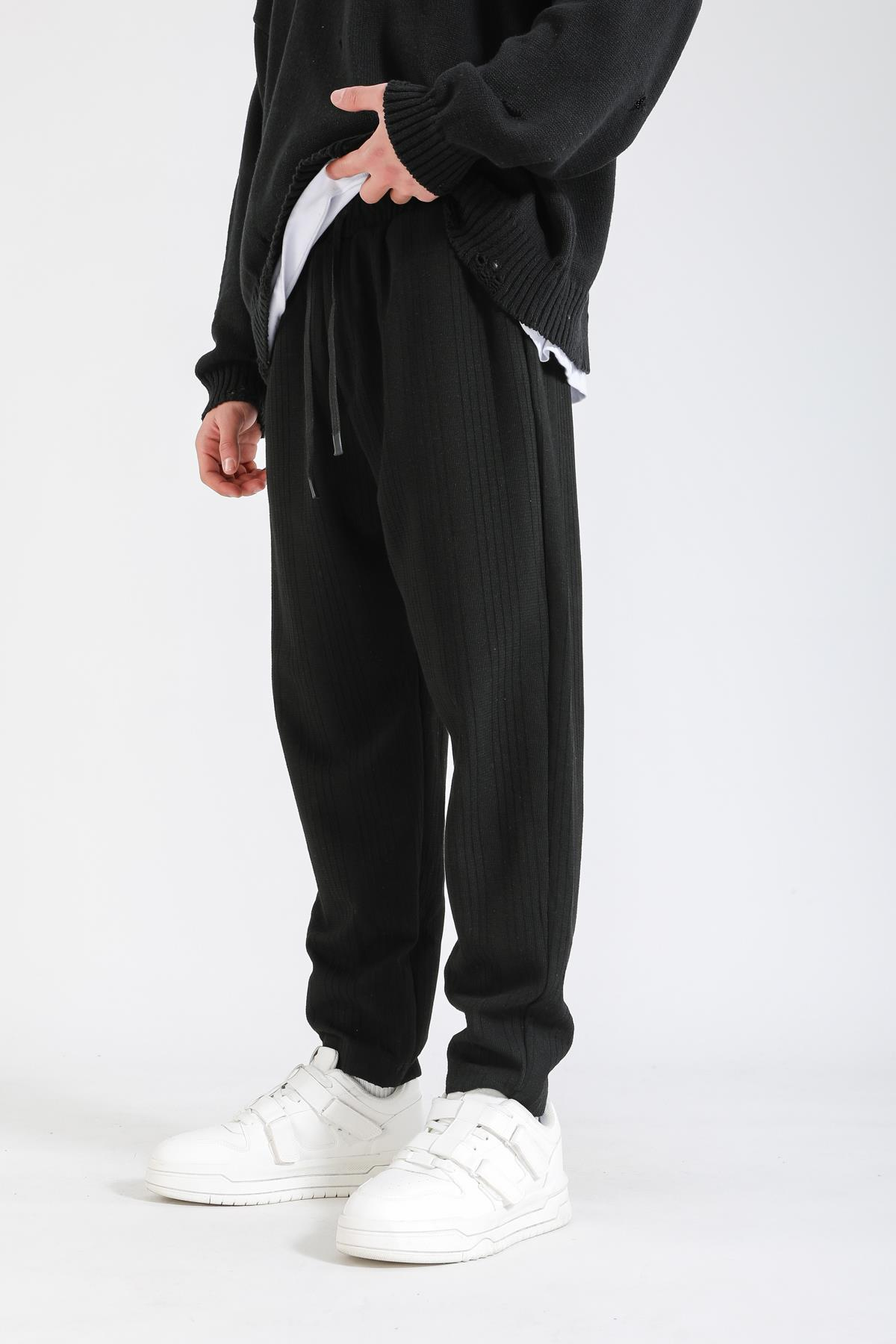 Desenli İnce Kumaş Siyah Pantolon P1148