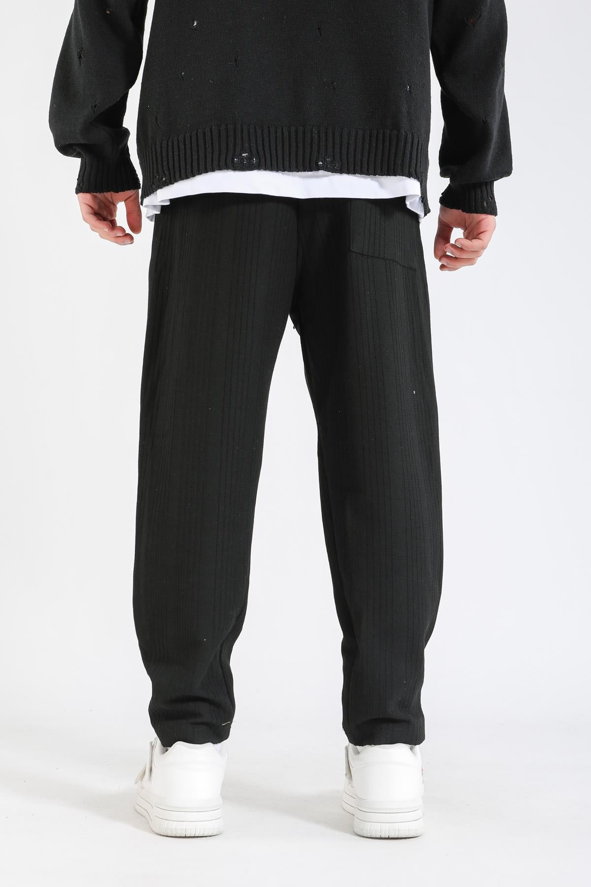 Desenli İnce Kumaş Siyah Pantolon P1148