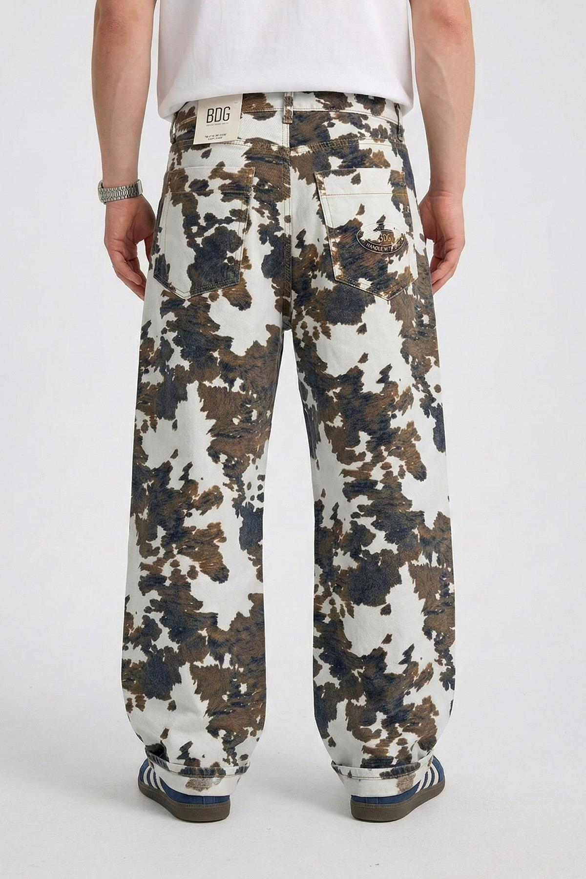 Desenli Krem Baggy Jean Pantolon