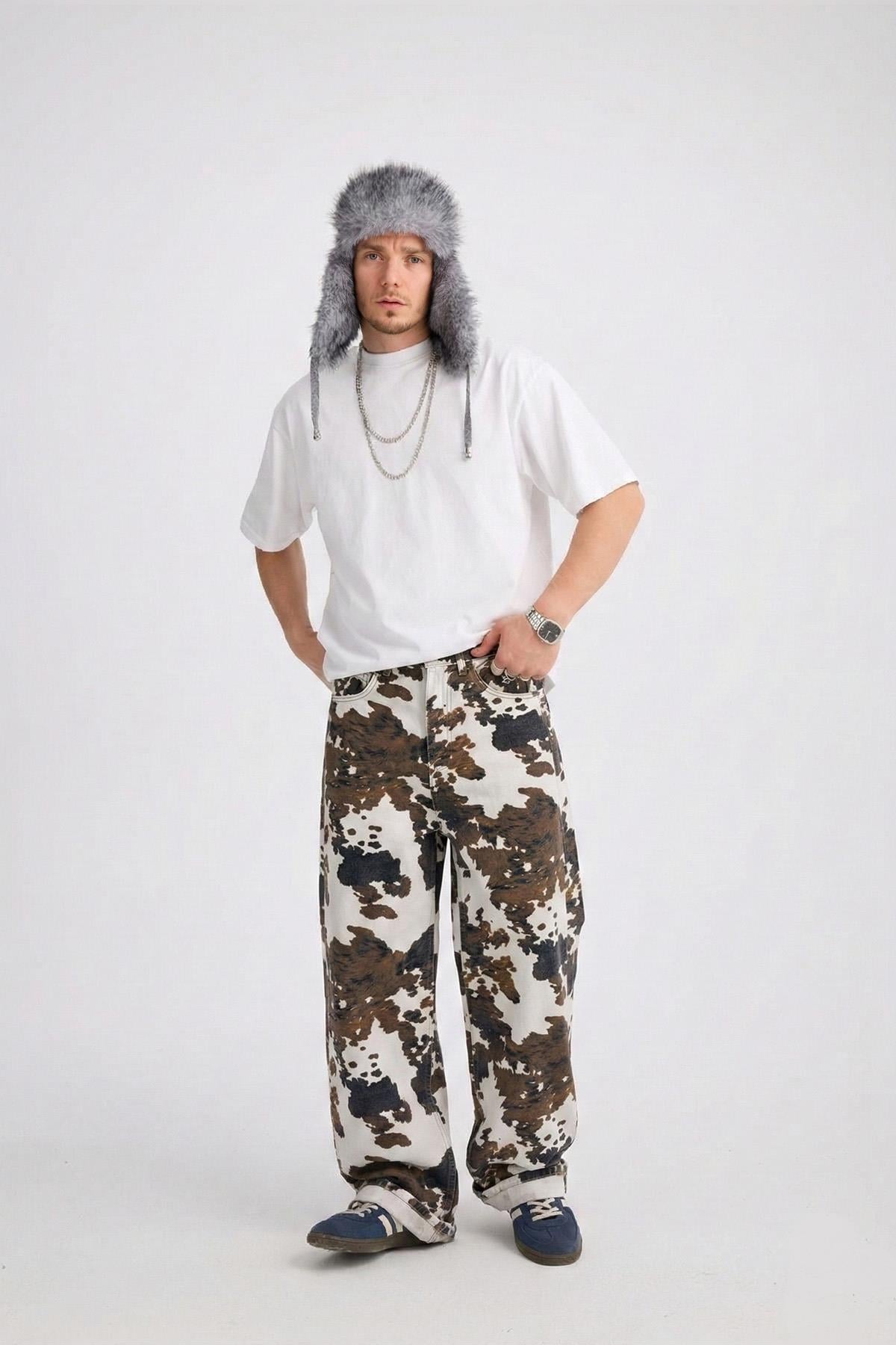 Desenli Krem Baggy Jean Pantolon