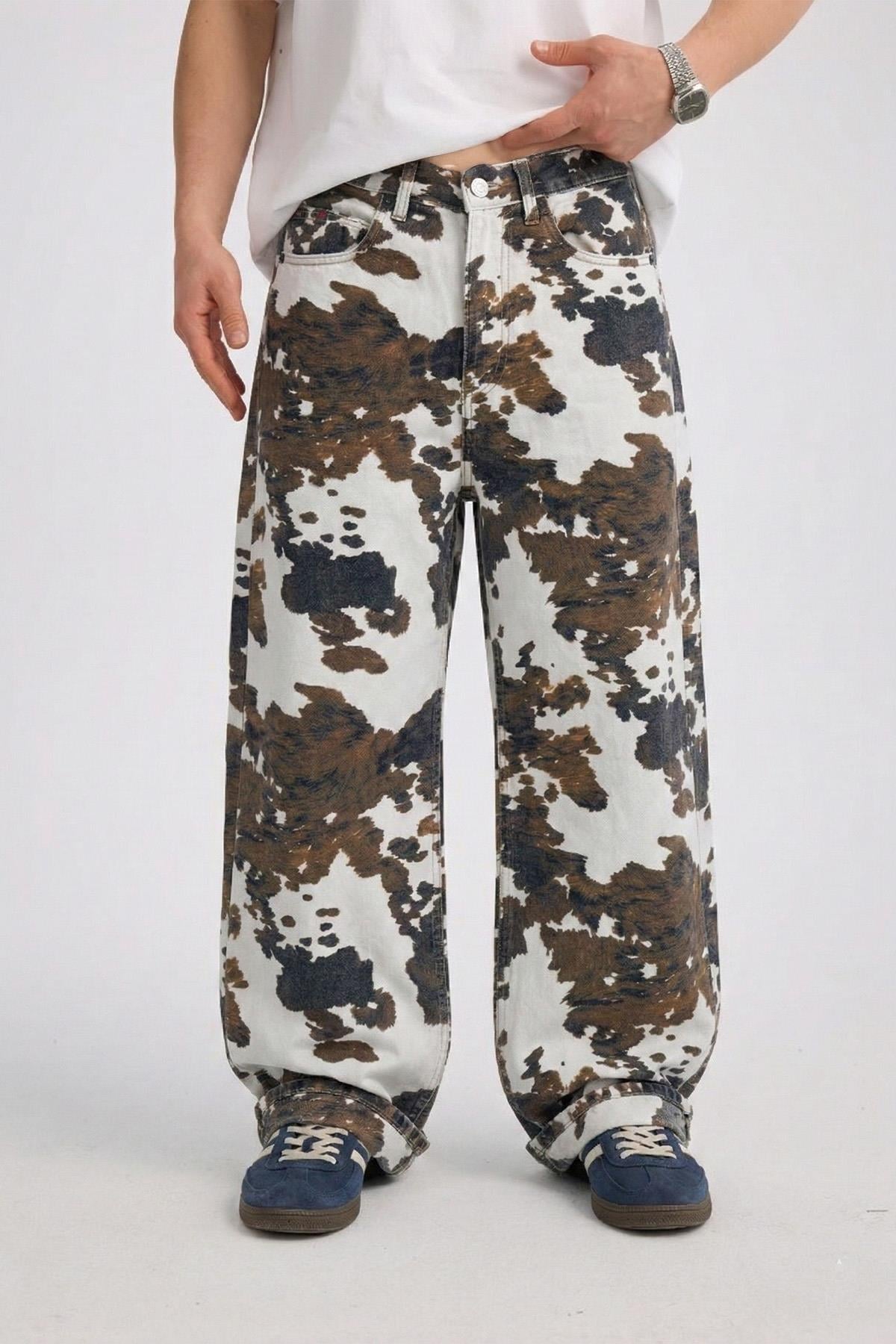 Desenli Krem Baggy Jean Pantolon