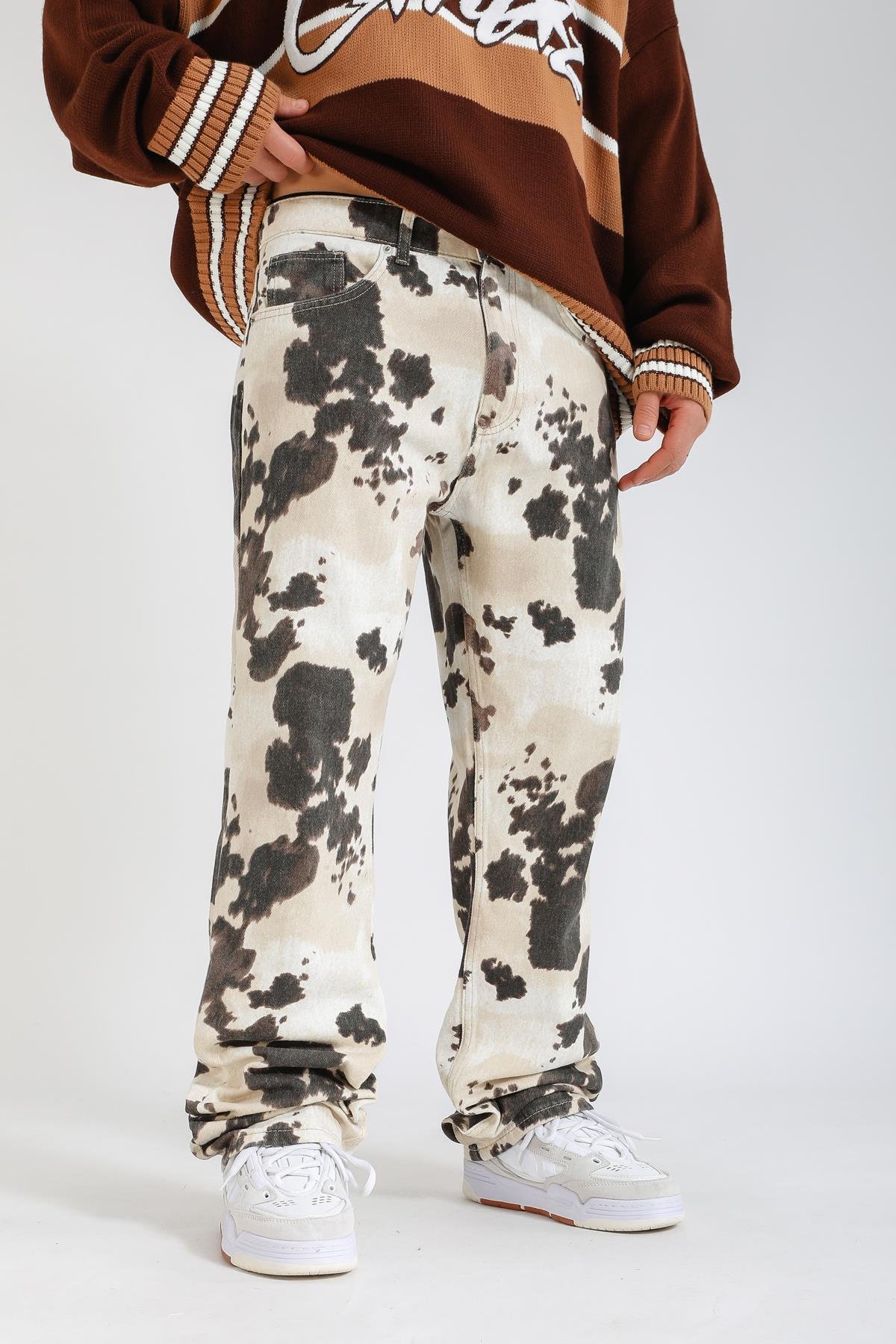 Desenli Krem Baggy Jean Pantolon P1130