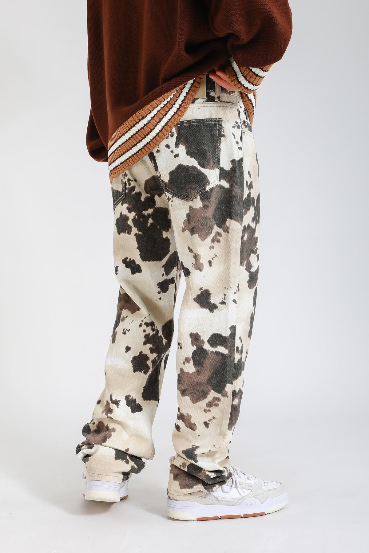 Desenli Krem Baggy Jean Pantolon P1130