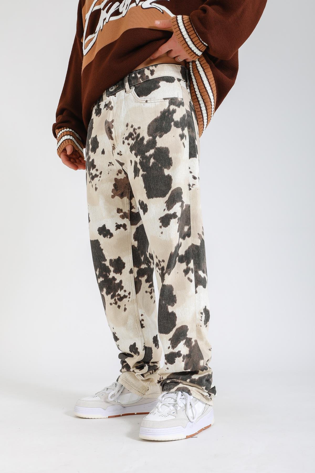 Desenli Krem Baggy Jean Pantolon P1130