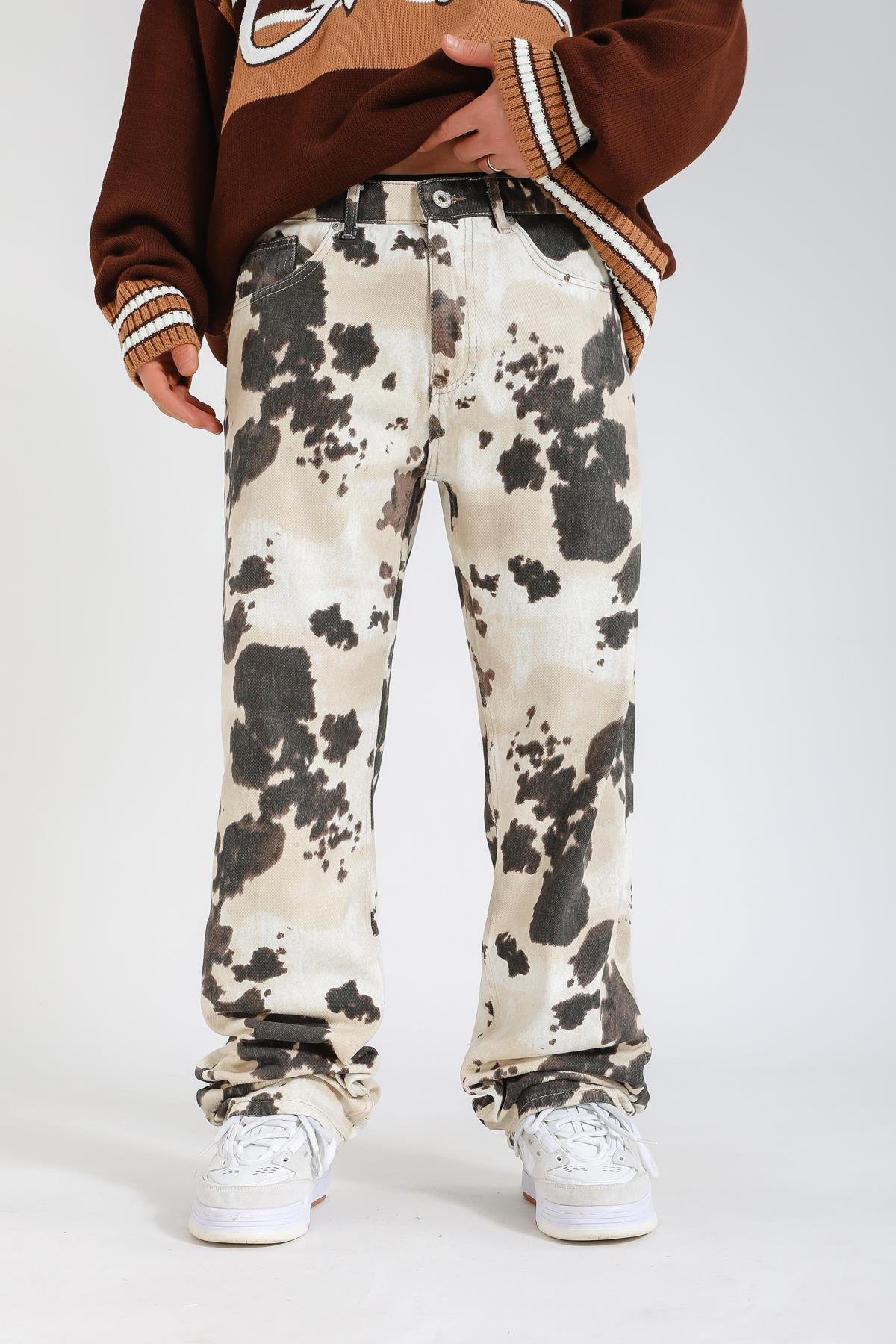 Desenli Krem Baggy Jean Pantolon P1130