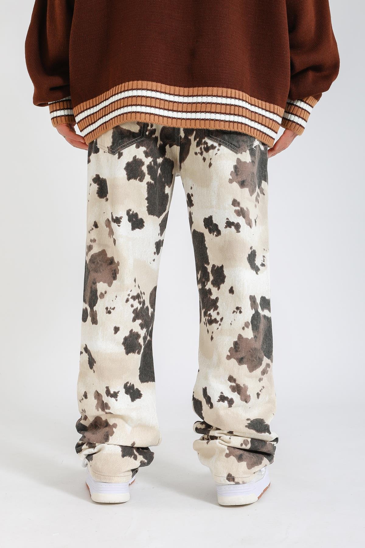 Desenli Krem Baggy Jean Pantolon P1130