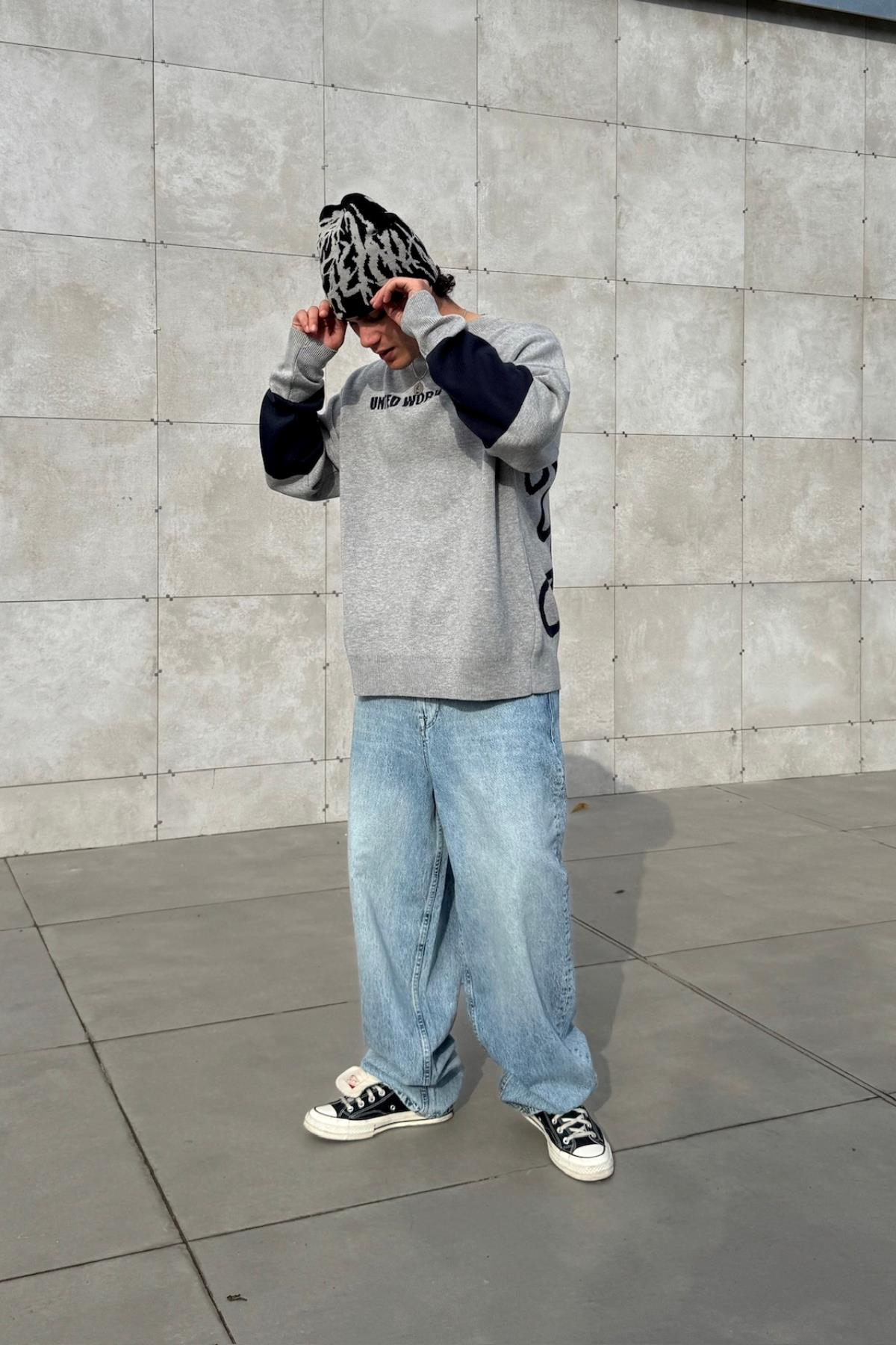 Desenli Oversize Gri Kazak JC01