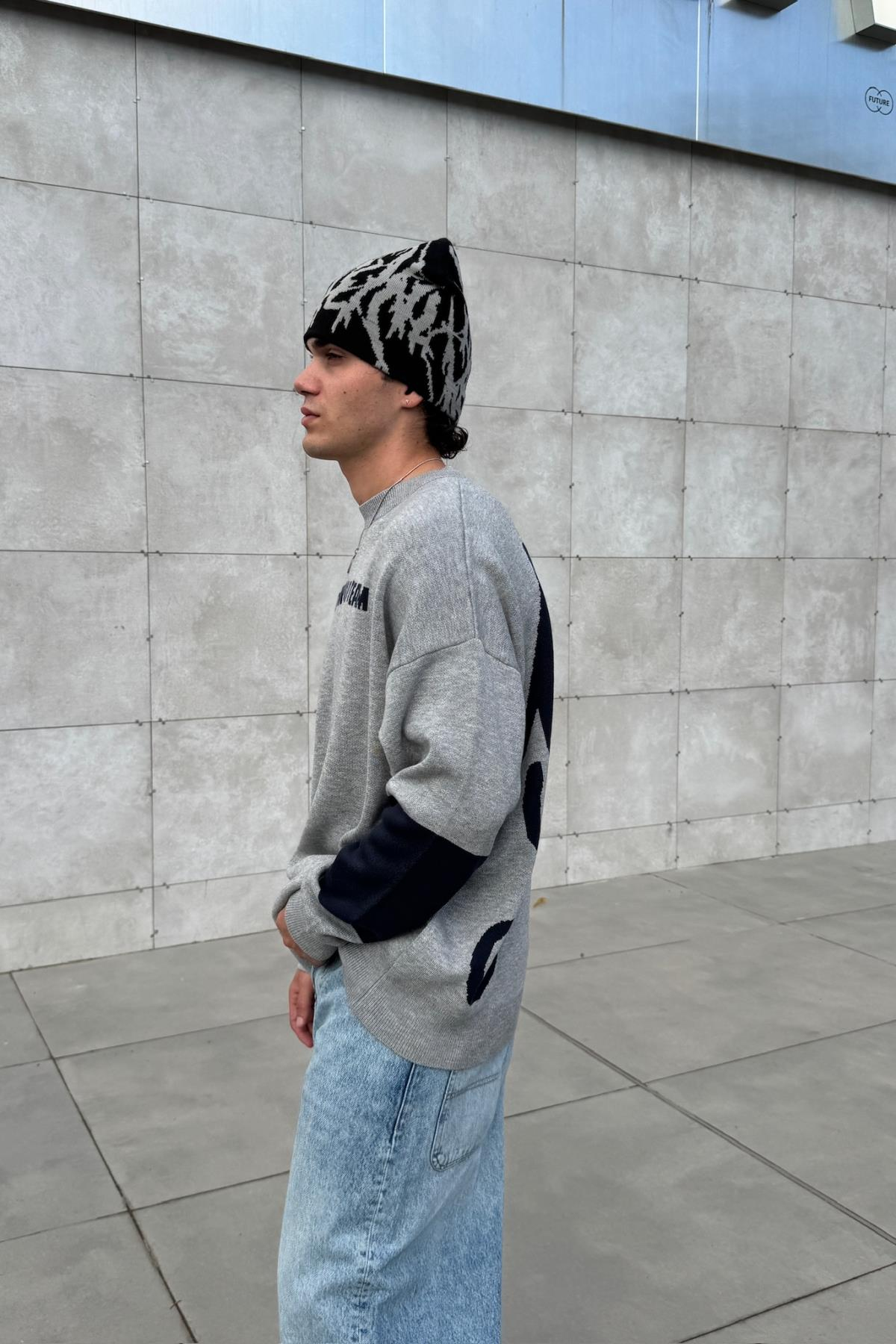 Desenli Oversize Gri Kazak JC01